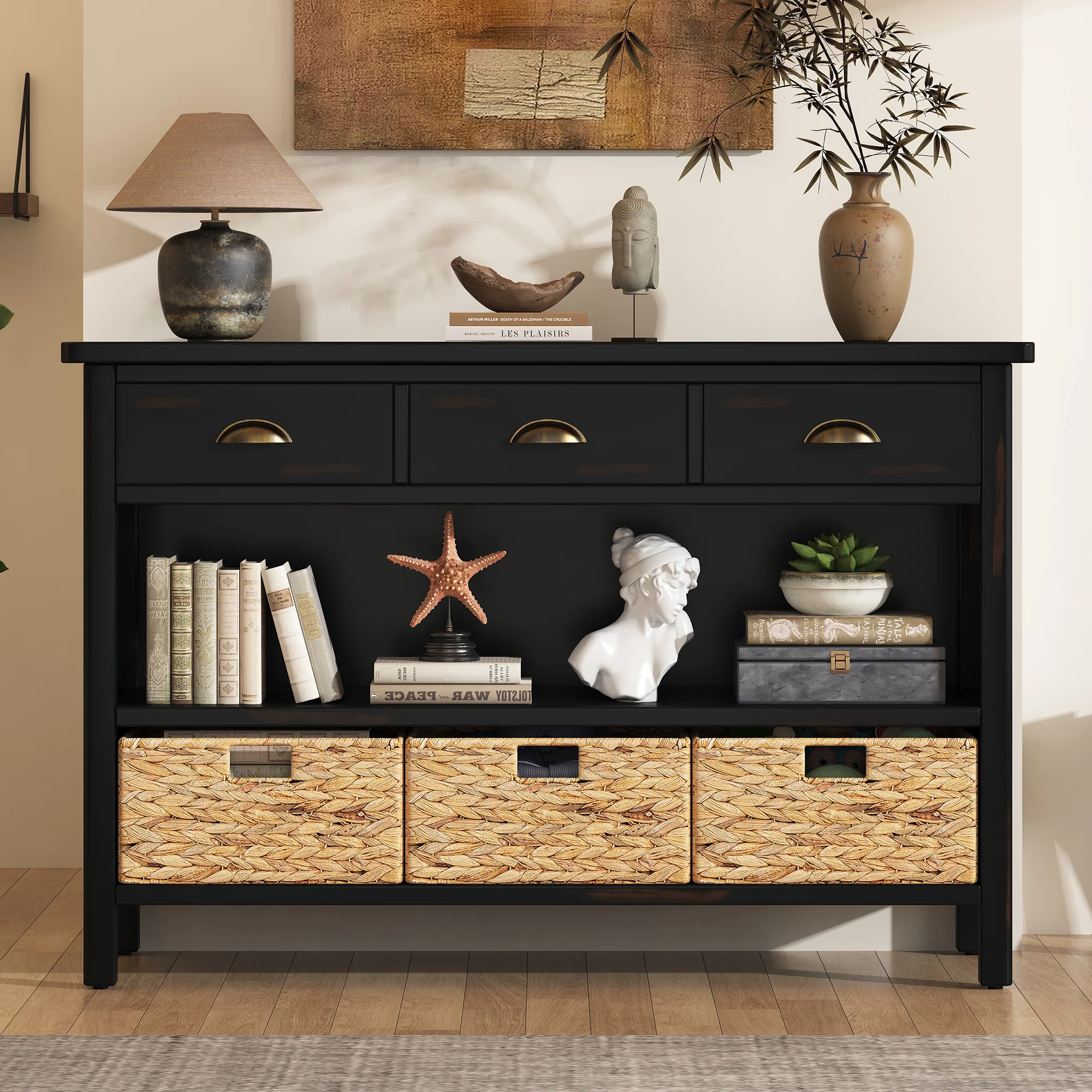 Coronate Console Table with Drawers and Water Hyacinth Woven Baskets