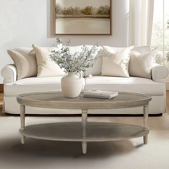 Oval Coffee Table with Open Shelf and Turned Legs