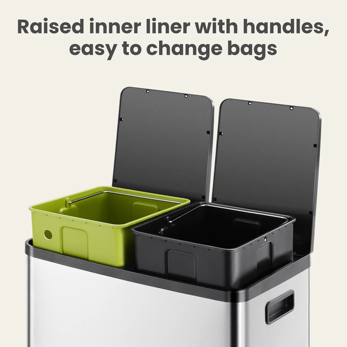 Large 60 Liter Stainless Steel Trash Can, Dual Compartment Plastic Inner Bucket (2 x 8 Gallon)