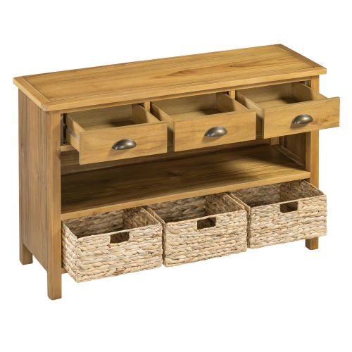 Coronate Console Table with Drawers and Water Hyacinth Woven Baskets