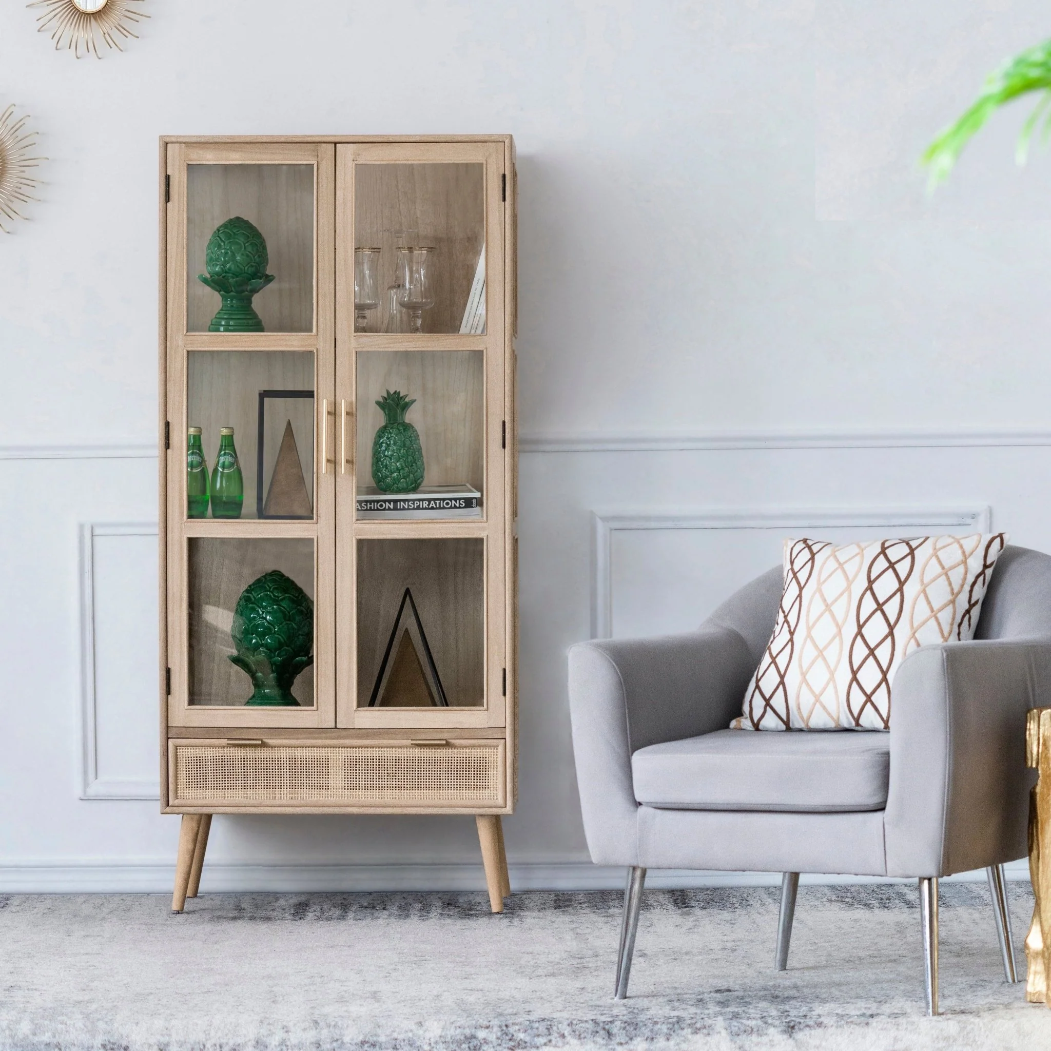 Tall Cabinet with 2 Glass Doors and Rattan Drawer