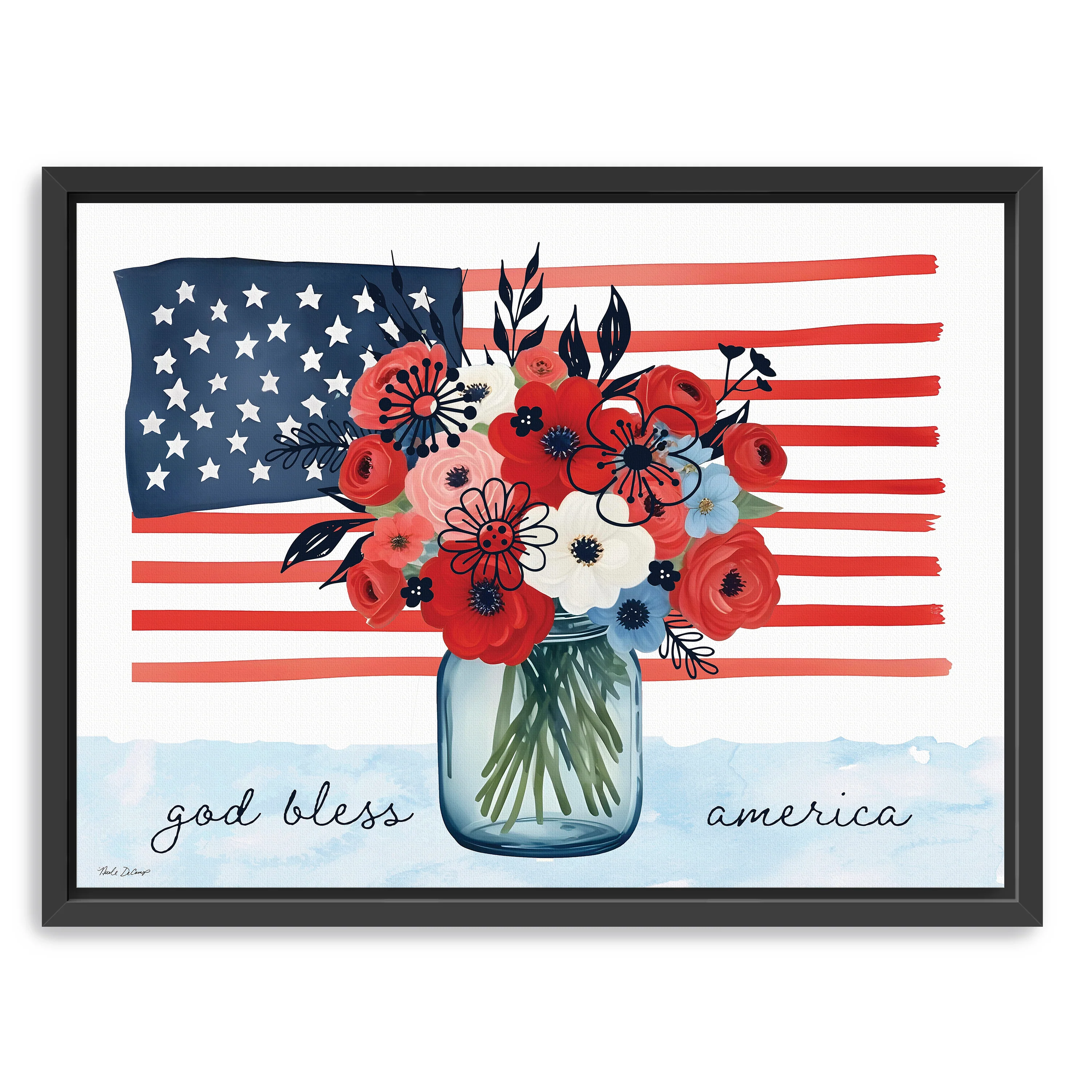 Floral American Jar and Flag Canvas Giclee