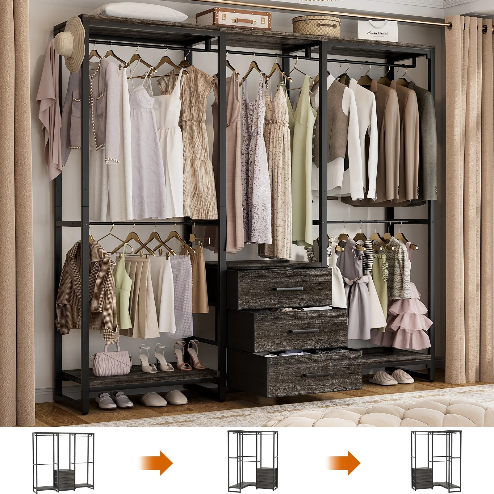 65.6'' Heavy-duty Garment Rack, Freestanding Closet Organizer with Fabric Drawers and 5 hanging Rods