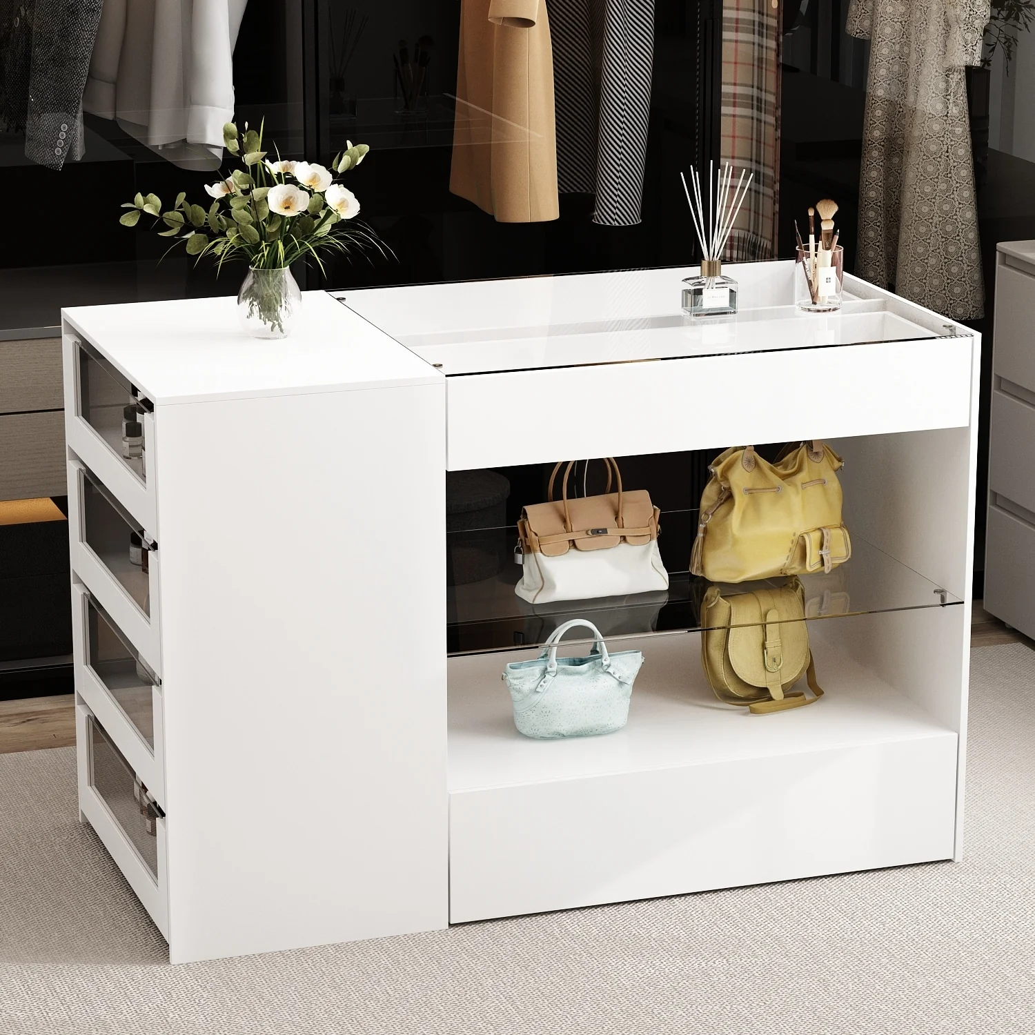 Dressing Island with Glass Shelves Spacious White Organizer Closet - 47.2
