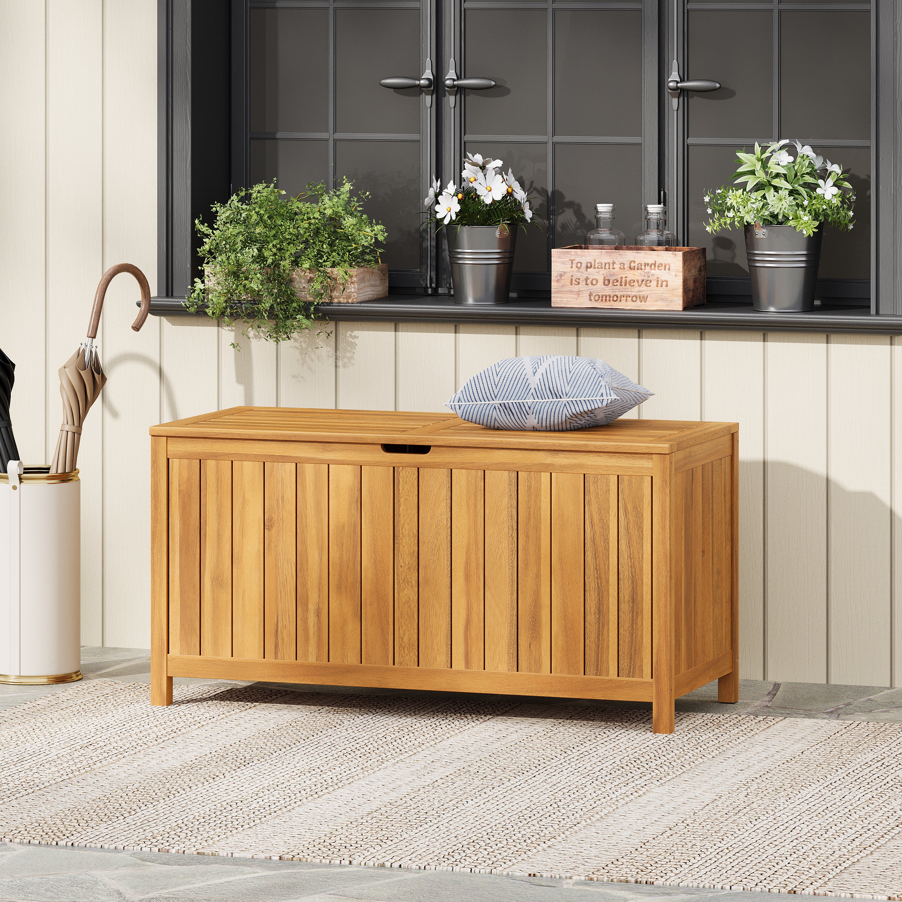 Outdoor Deck Box with Wood Frame and Lid Lifts