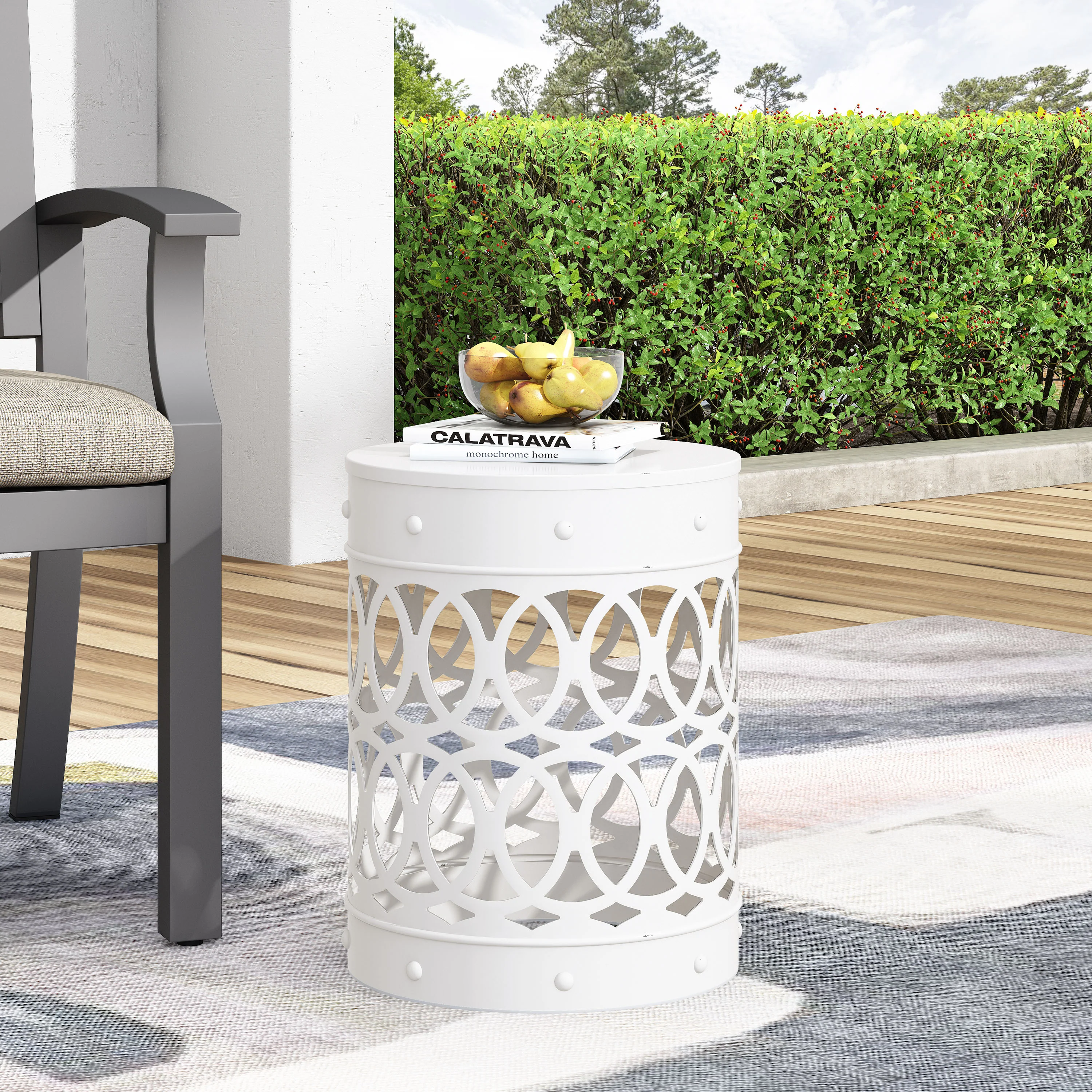 Symmetry White Outdoor Cylindrical End Table with Overlapping Circle Pattern