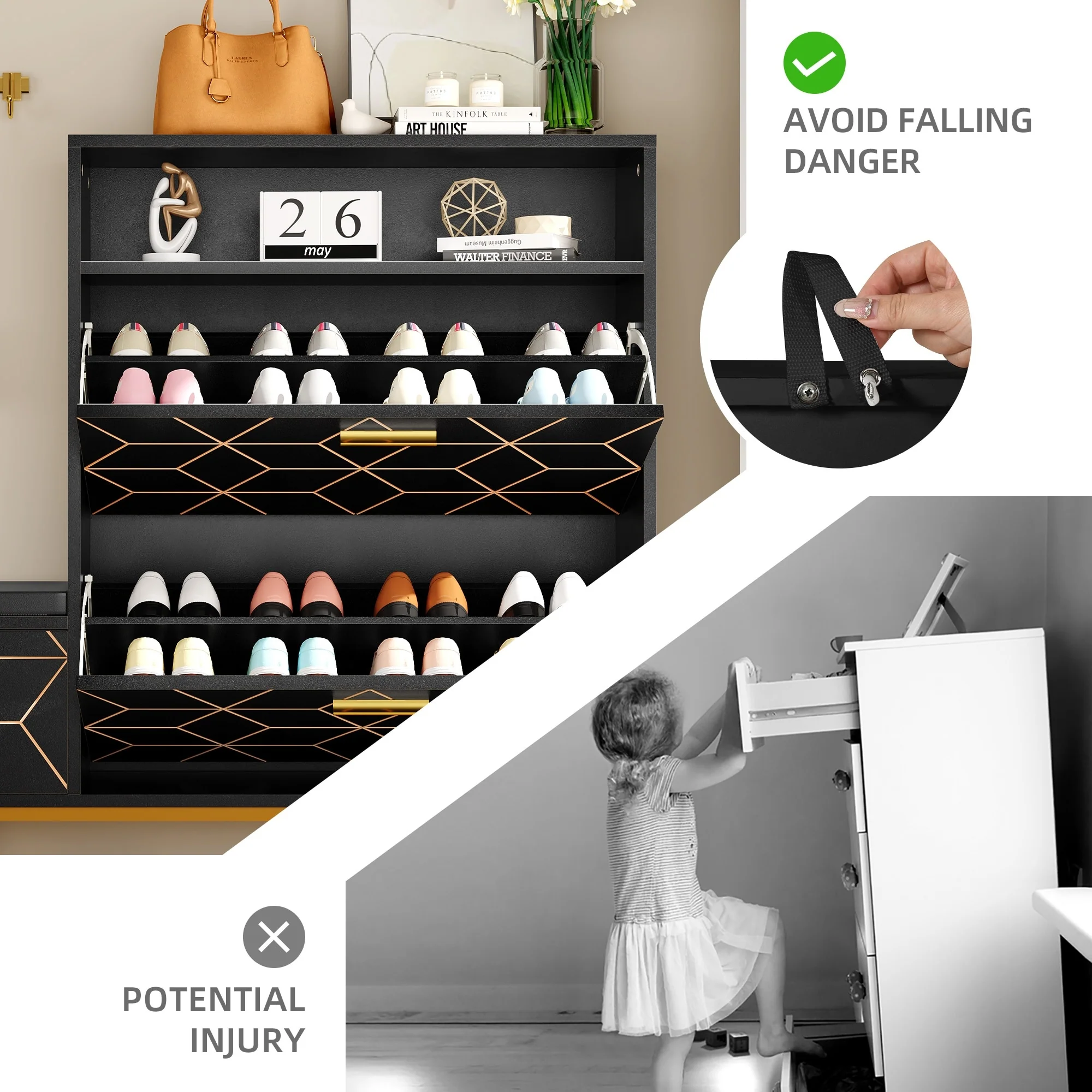 Moasis 22 Pairs Shoe Cabinet with 2 Flip Drawers, Narrow Shoes Rack with Storage Bench