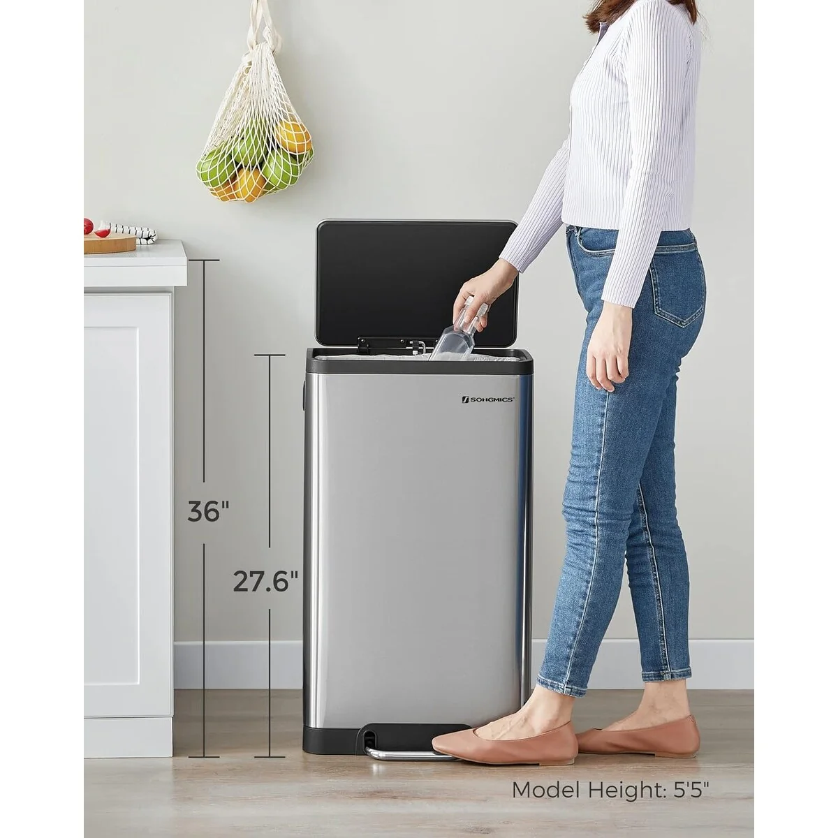 SONGMICS Trash Can, 12 Gallon Garbage Can, Stainless Steel, Silver