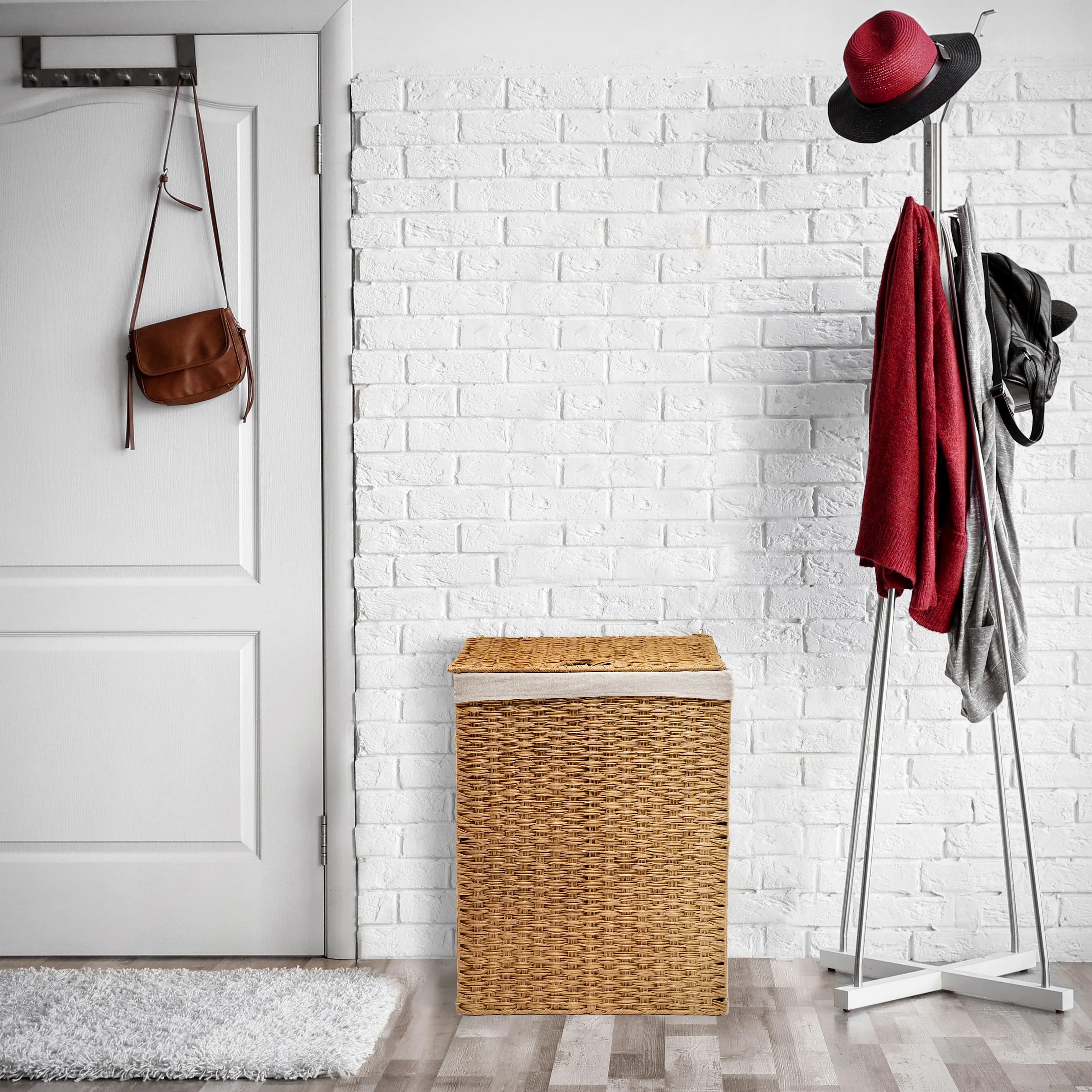 Seville Classics Lidded Foldable Portable Rectangular Laundry Hamper Basket with Washable Liner