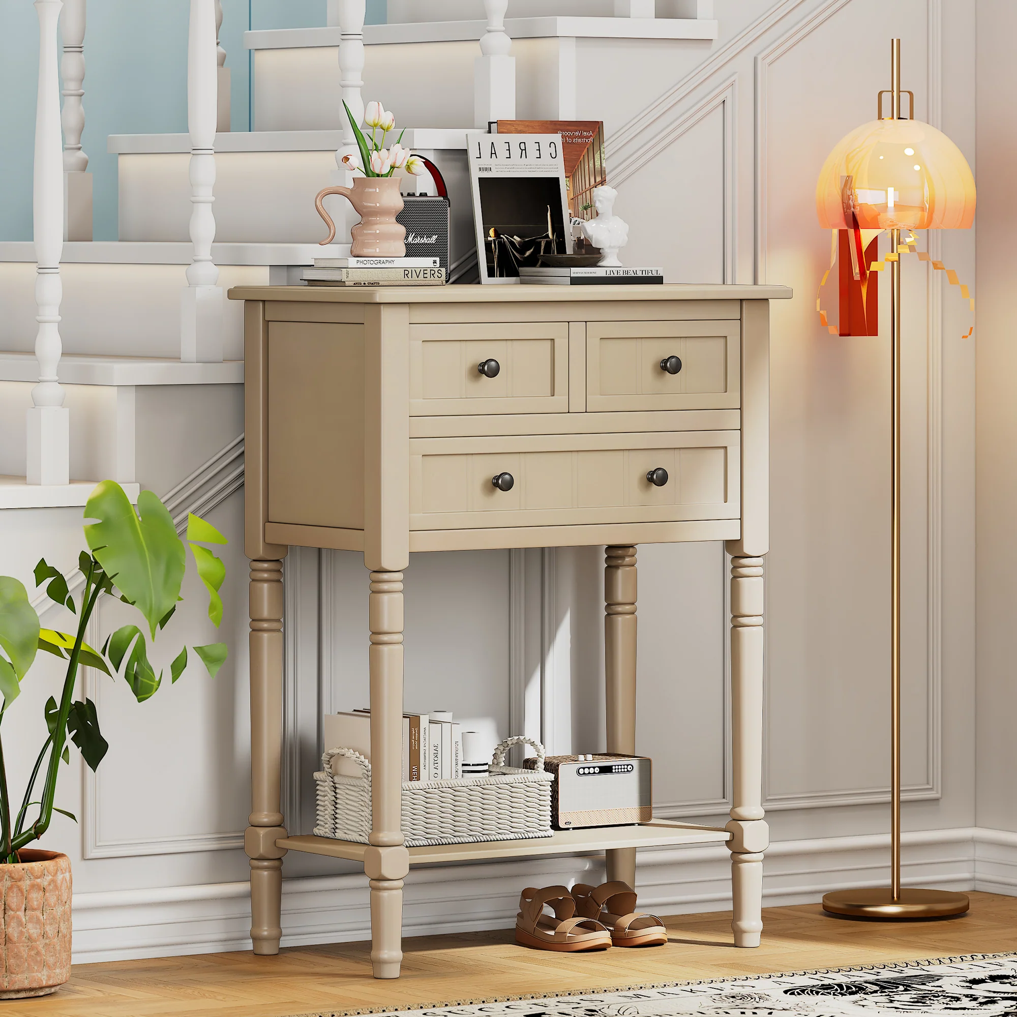 Conquest Narrow Console Table with 3 Drawers and Bottom Shelf