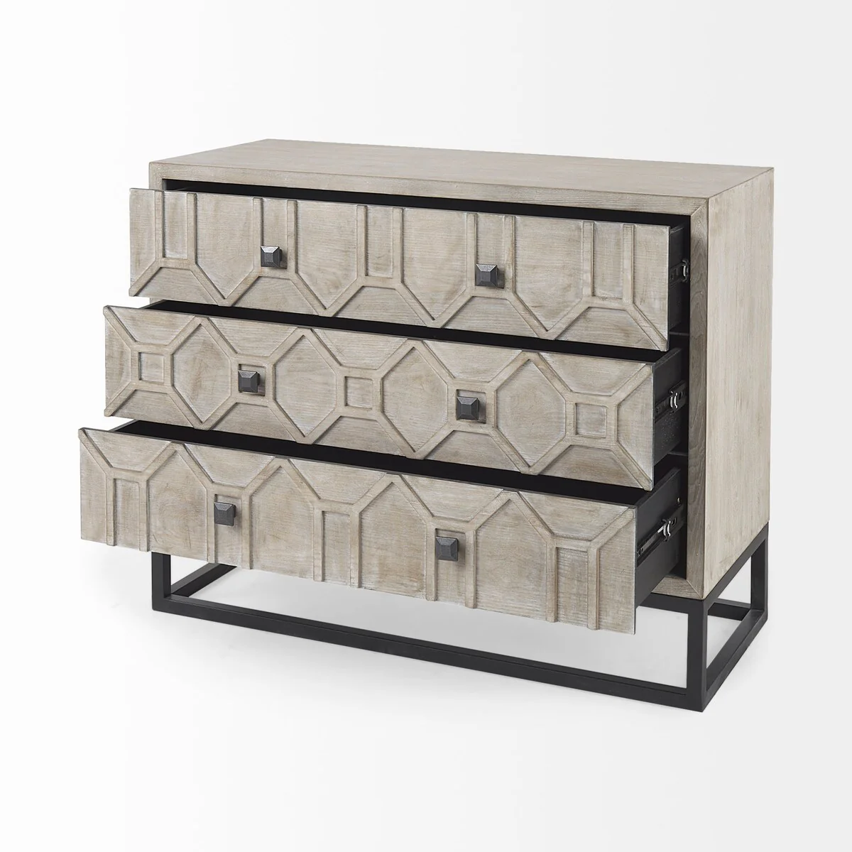 Genevieve I Gray Fir Veneer w/ Iron Frame & 3 Drawer Accent Cabinet - 39.0L x 15.7W x 30.9H