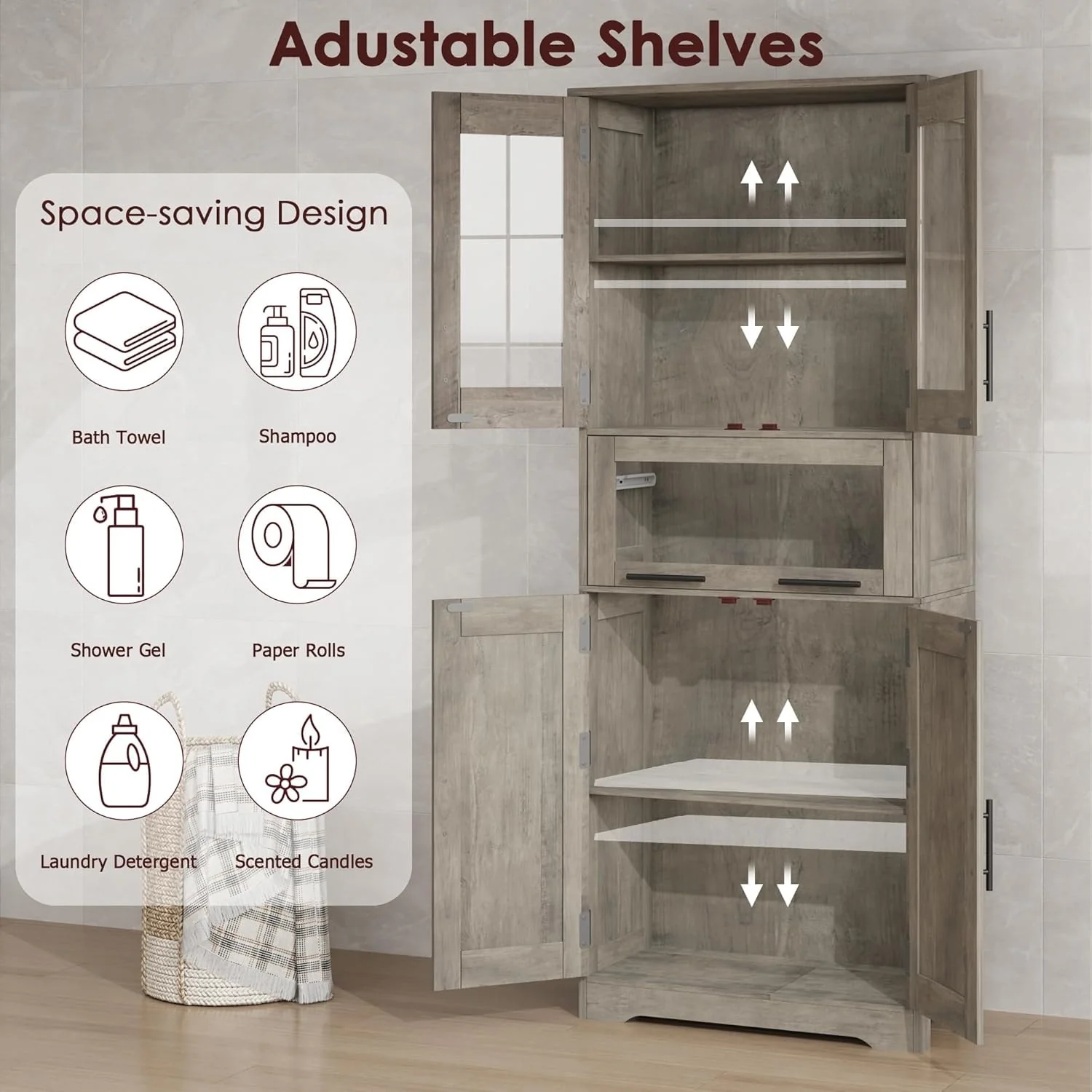 Tall Bathroom Cabinet, Linen Storage Cabinet with Doors and Adjustable Shelves and Drawer