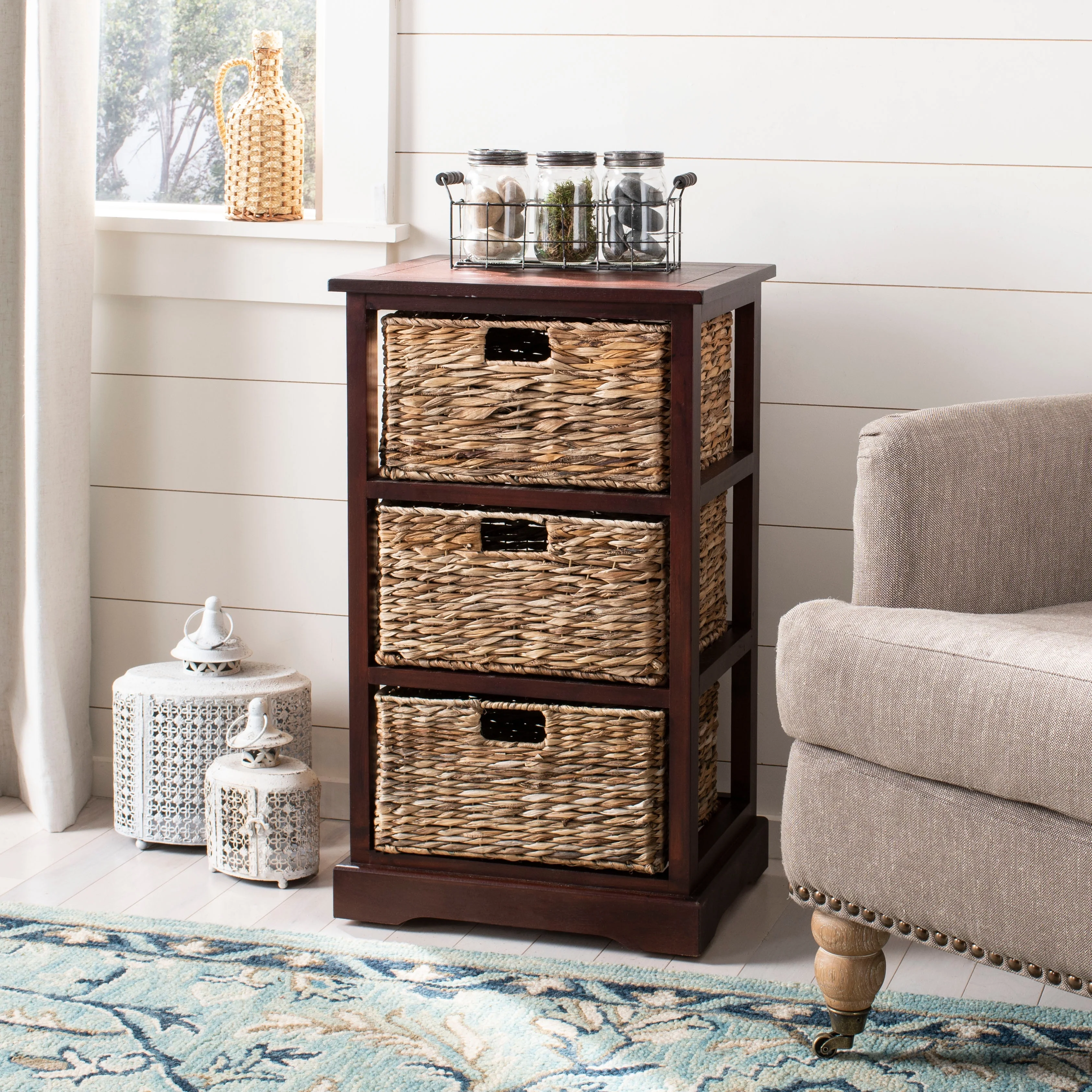SAFAVIEH Evaline Distressed Black 3 Wicker Basket Storage Unit - 17.3