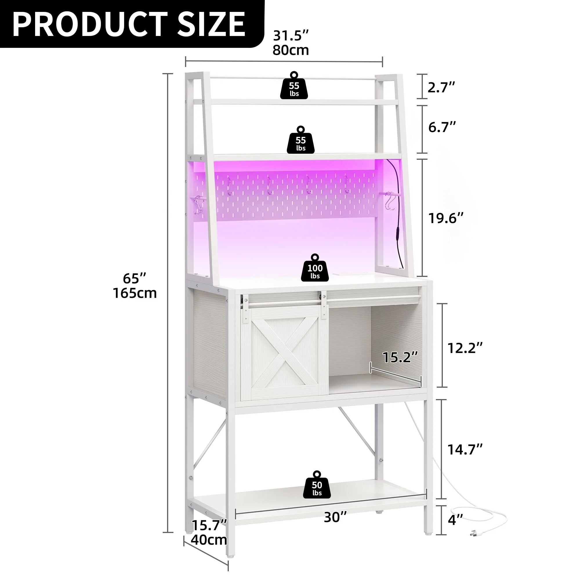 Moasis 5 Tier Kitchen LED Bakers Rack with Sliding Storage and Shelves Bar Table with Power Outlet