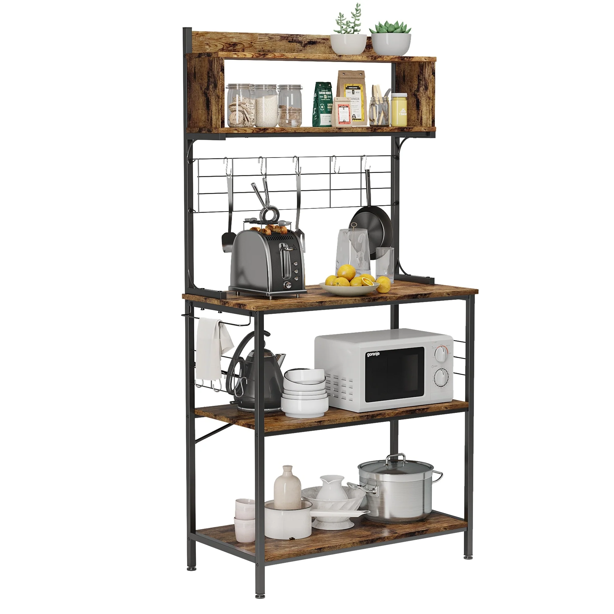 63 Inch Kitchen Baker's Rack with Hutch 8 Side Hooks