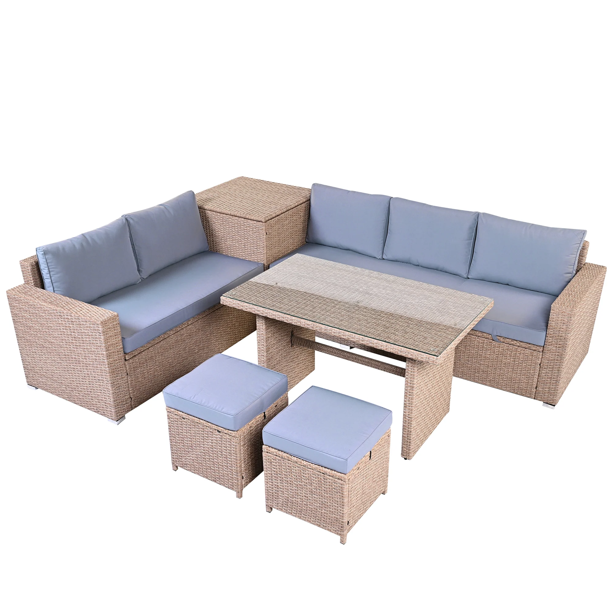 6-Piece Outdoor Rattan Sofa Set with Adjustable Seating, Glass Tabletop and Storage Box