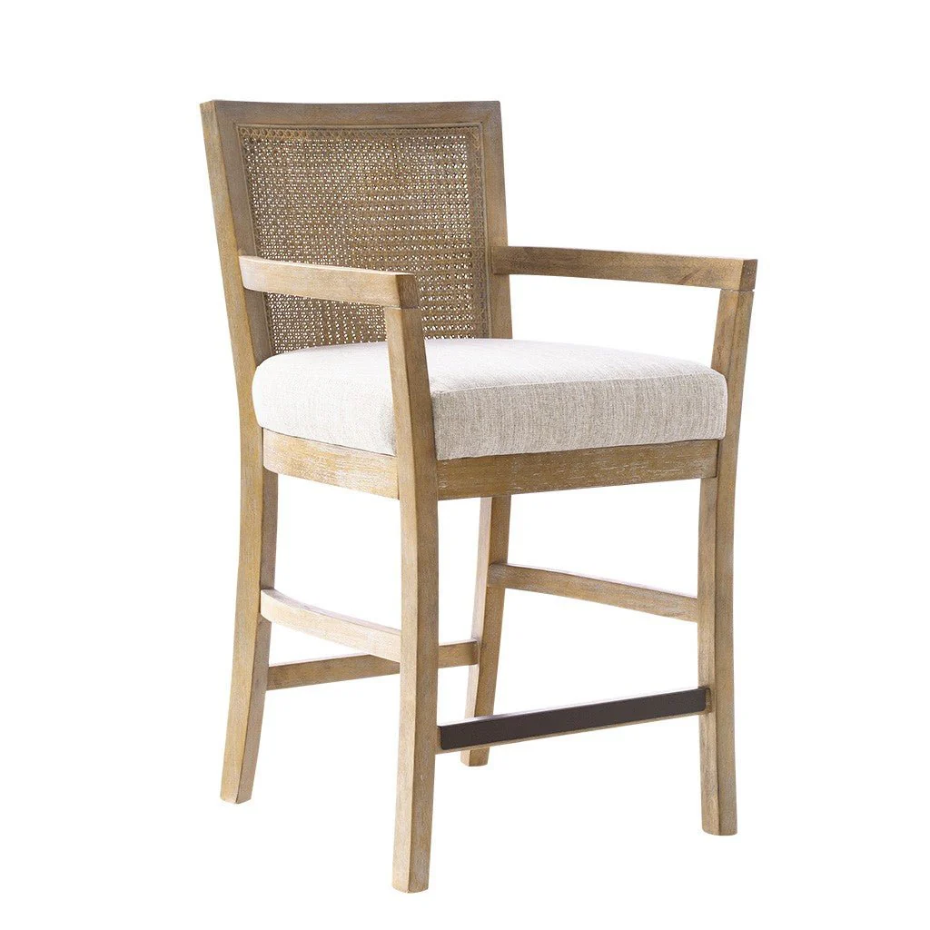 Upholstered Counter Stool with Cane Back and Open Arm Design