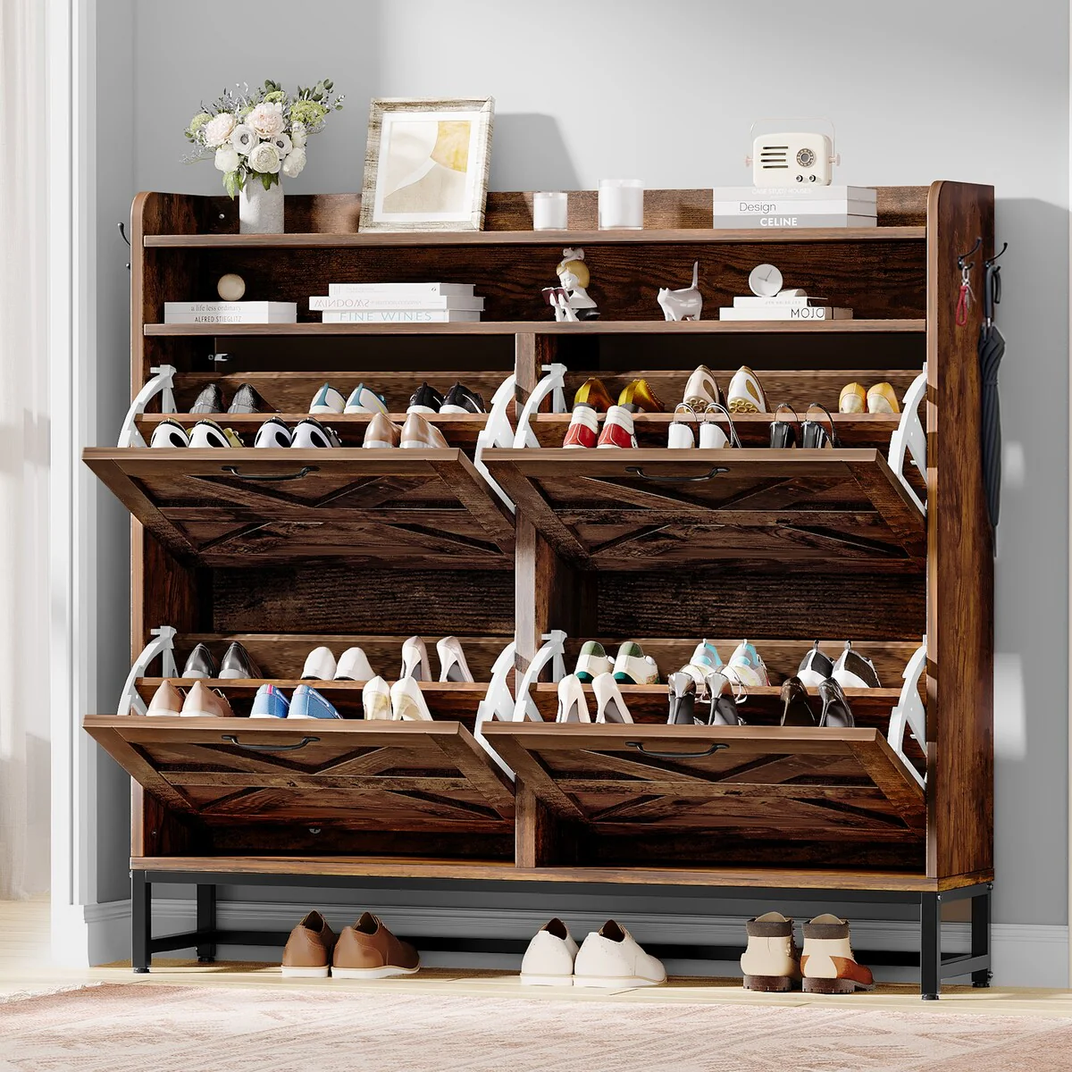 Moasis Farmhouse Flip Shoe Cabinet Shoe Storage Cabinet with 4 Flip Doors Adjustable Shelf - 47.2