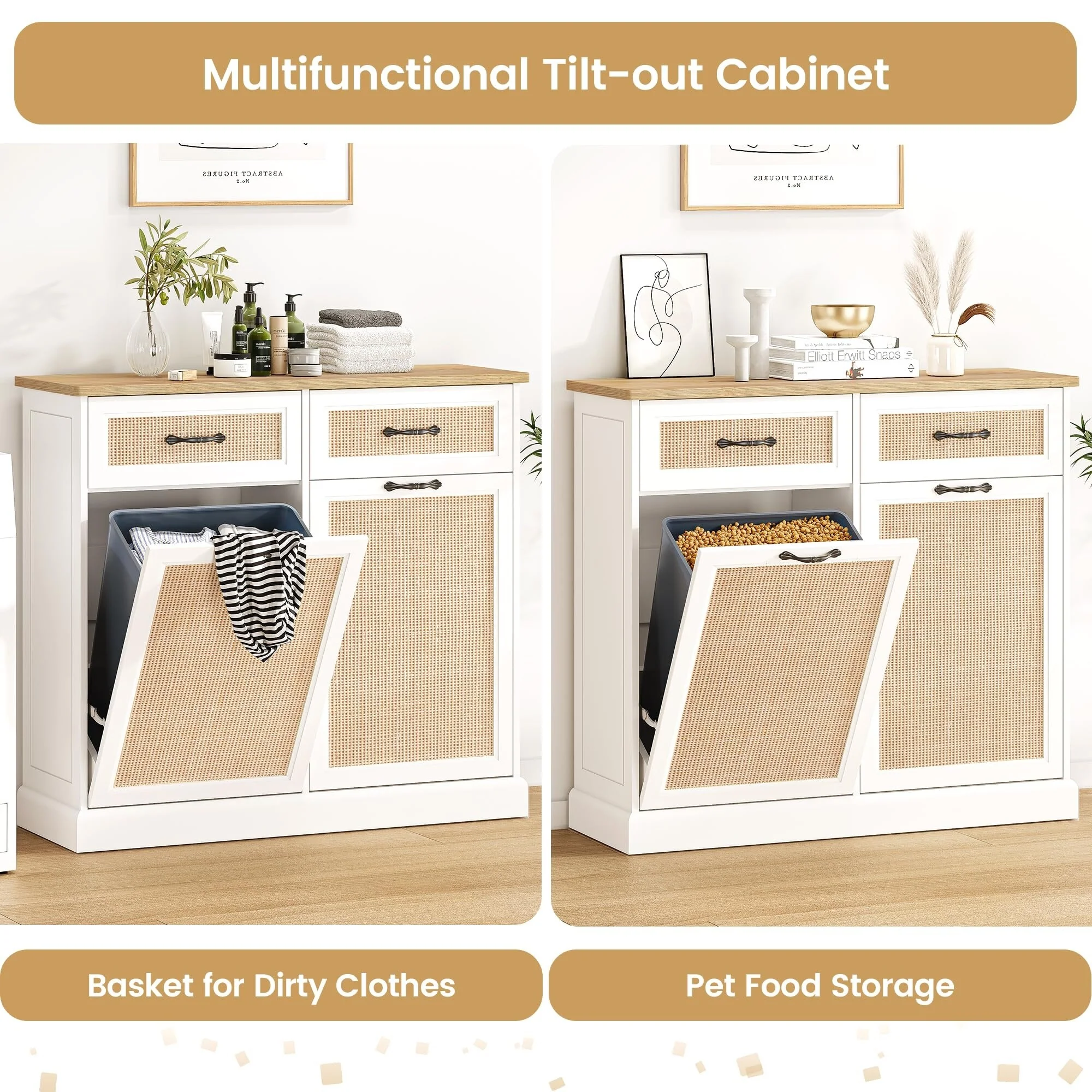 Rattarn Kitchen Tilt Out Trash Can Cabinet with Drawer