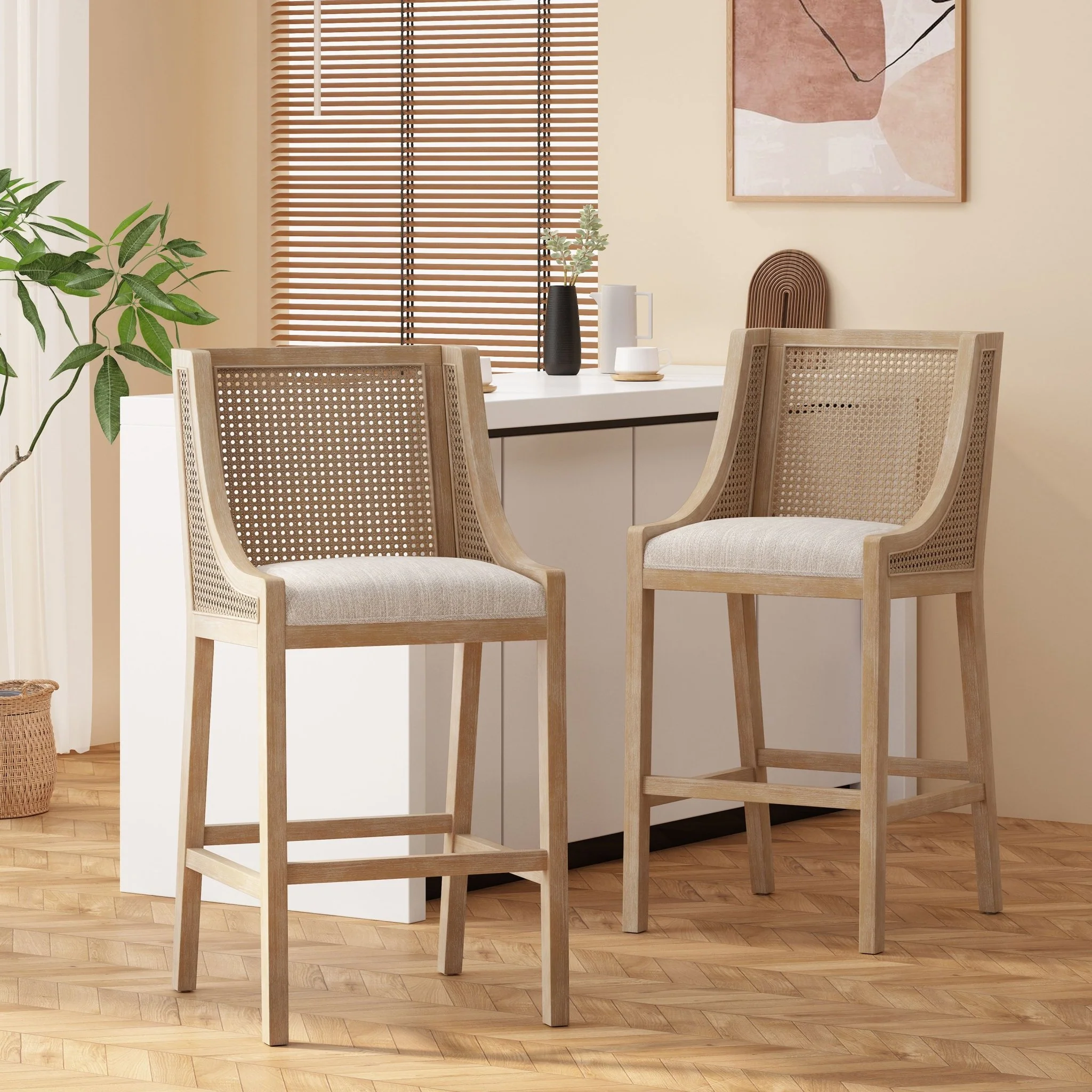 Celestiality Upholstered Barstool with Cane Webbing Backrest, Set of 2