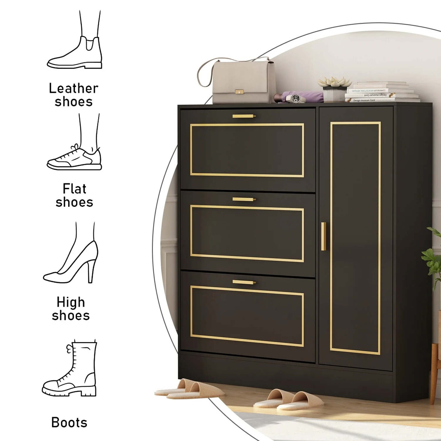 Fold-Out Shoes Cabinet Storage Cabinet Dresser Chest(Black/White)