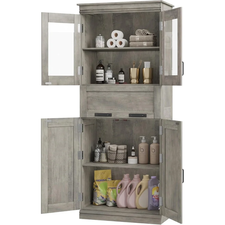 Tall Bathroom Cabinet, Freestanding Storage Cabinet with Glass Doors