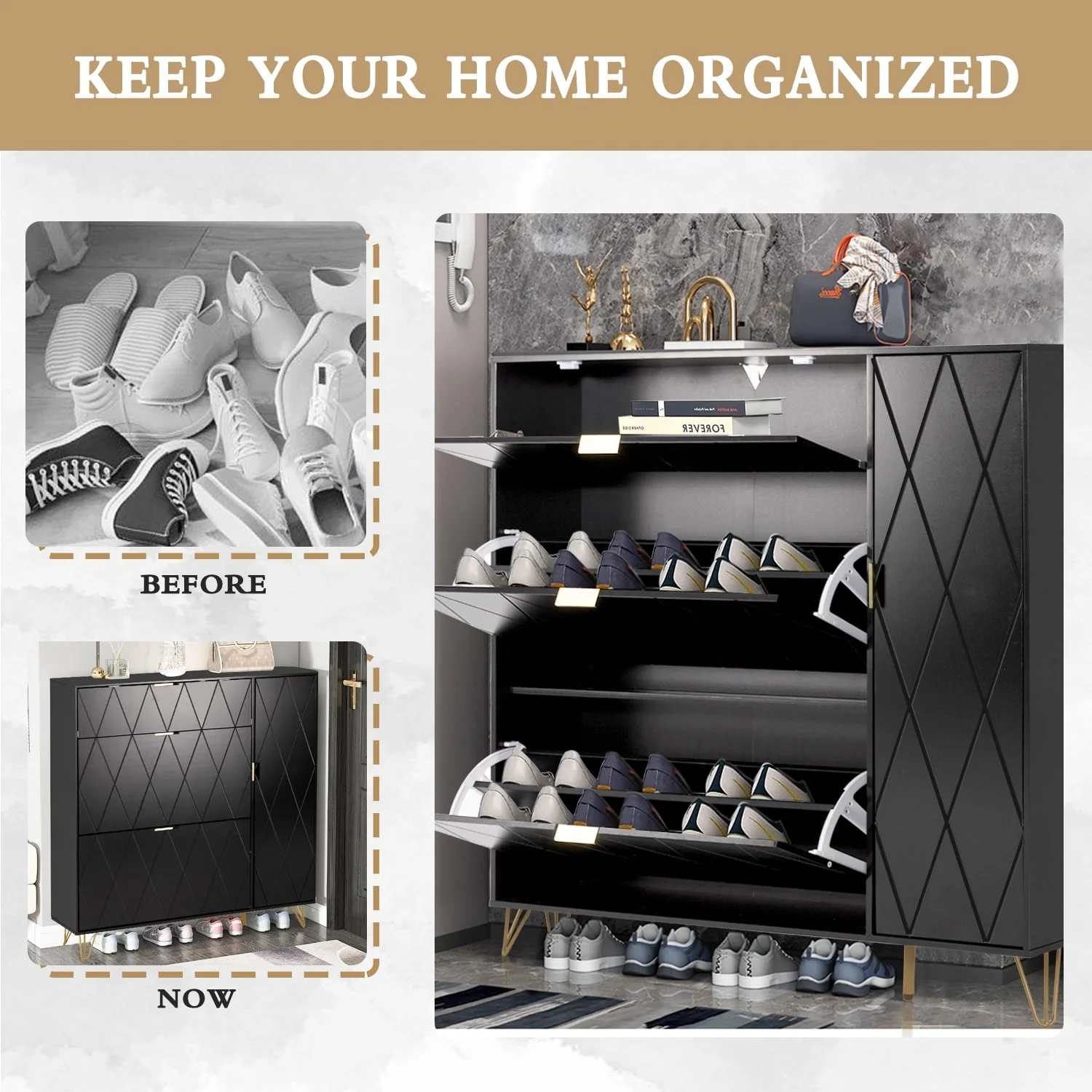 Shoe Cabinet with 3 Flip Drawers & Boot Rack Narrow Shoe Rack