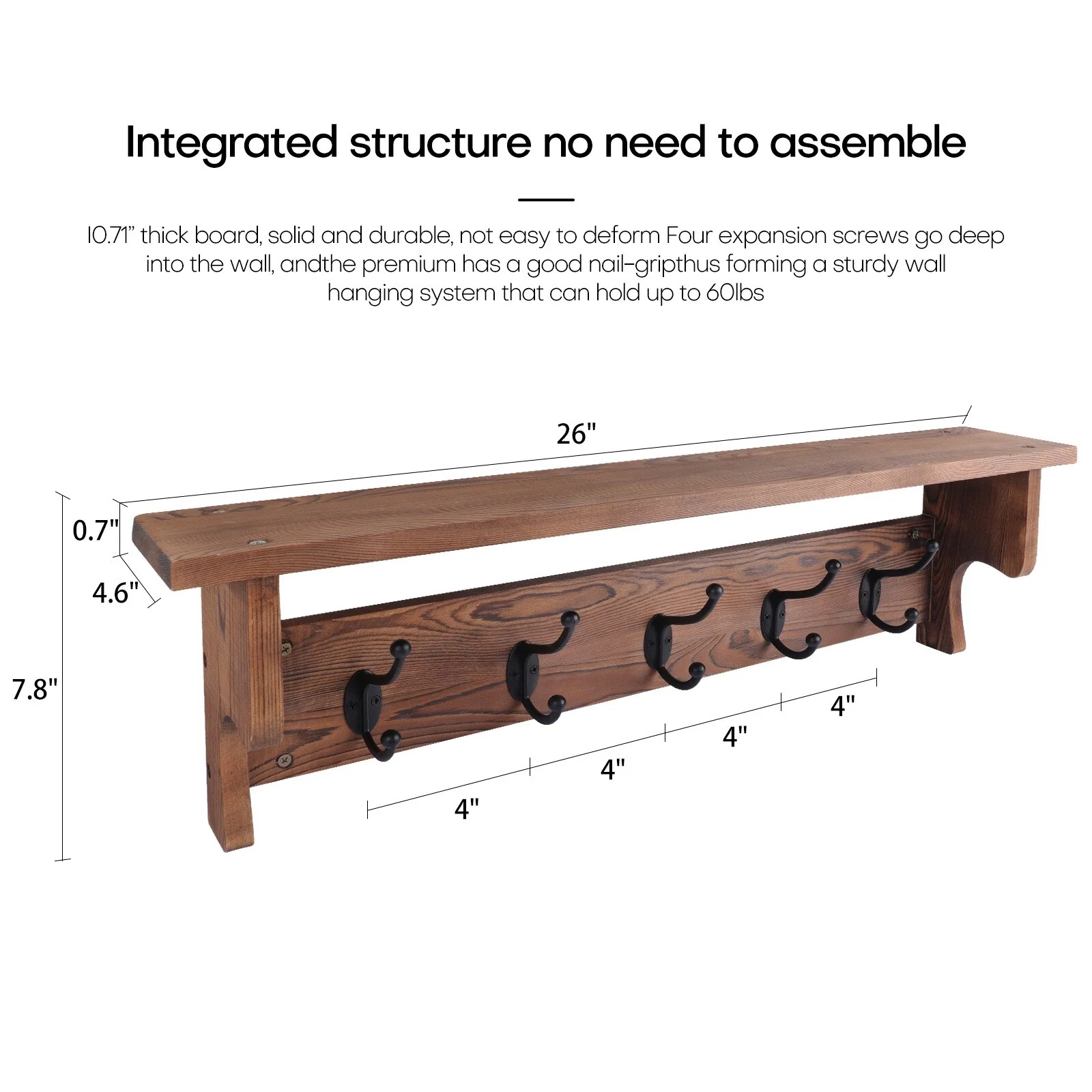 Rustic Wall Mounted Coat Rack with Storage Shelf & Metal Hooks