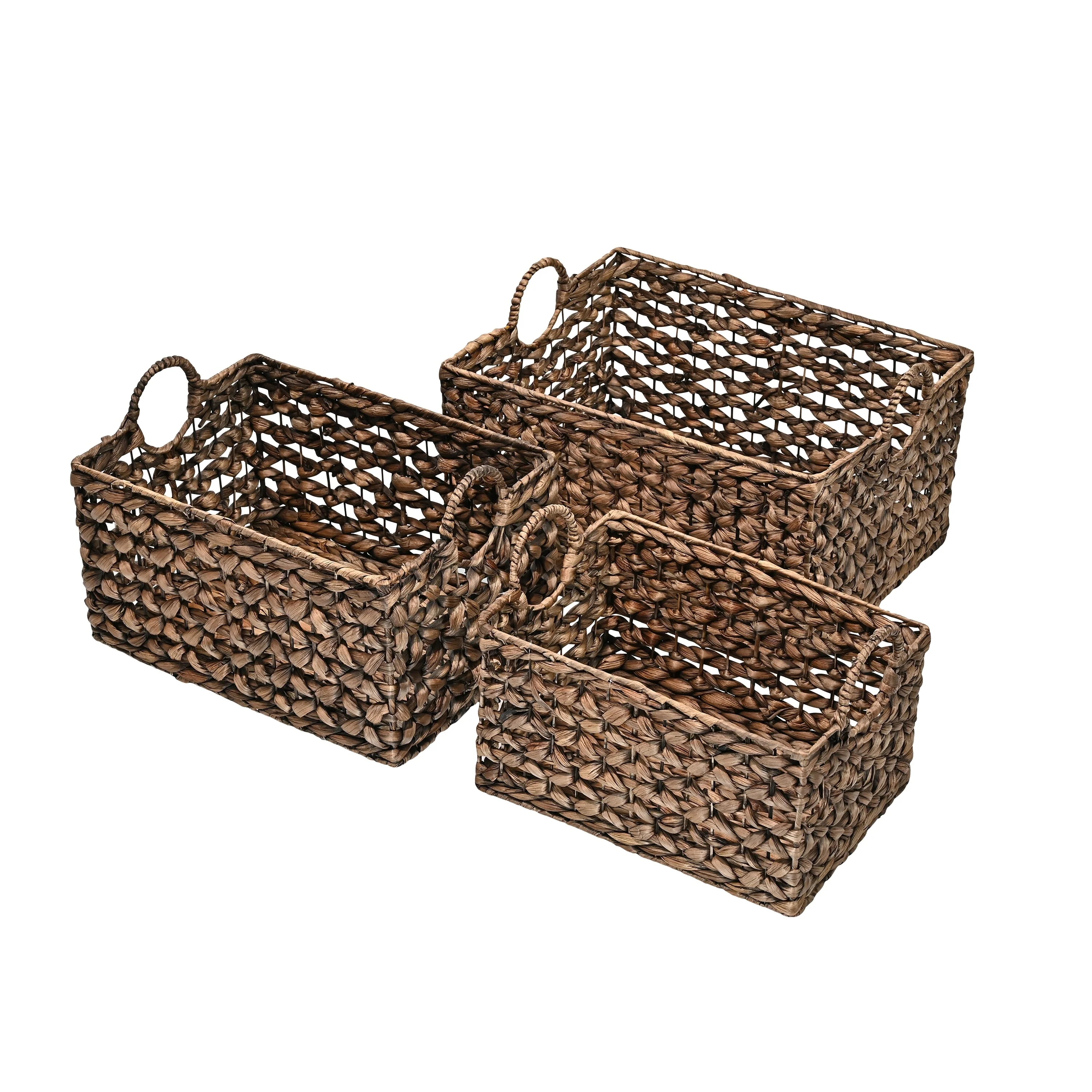 Woven Hyacinth Rectangular Storage Baskets with Handles (Set of 3)