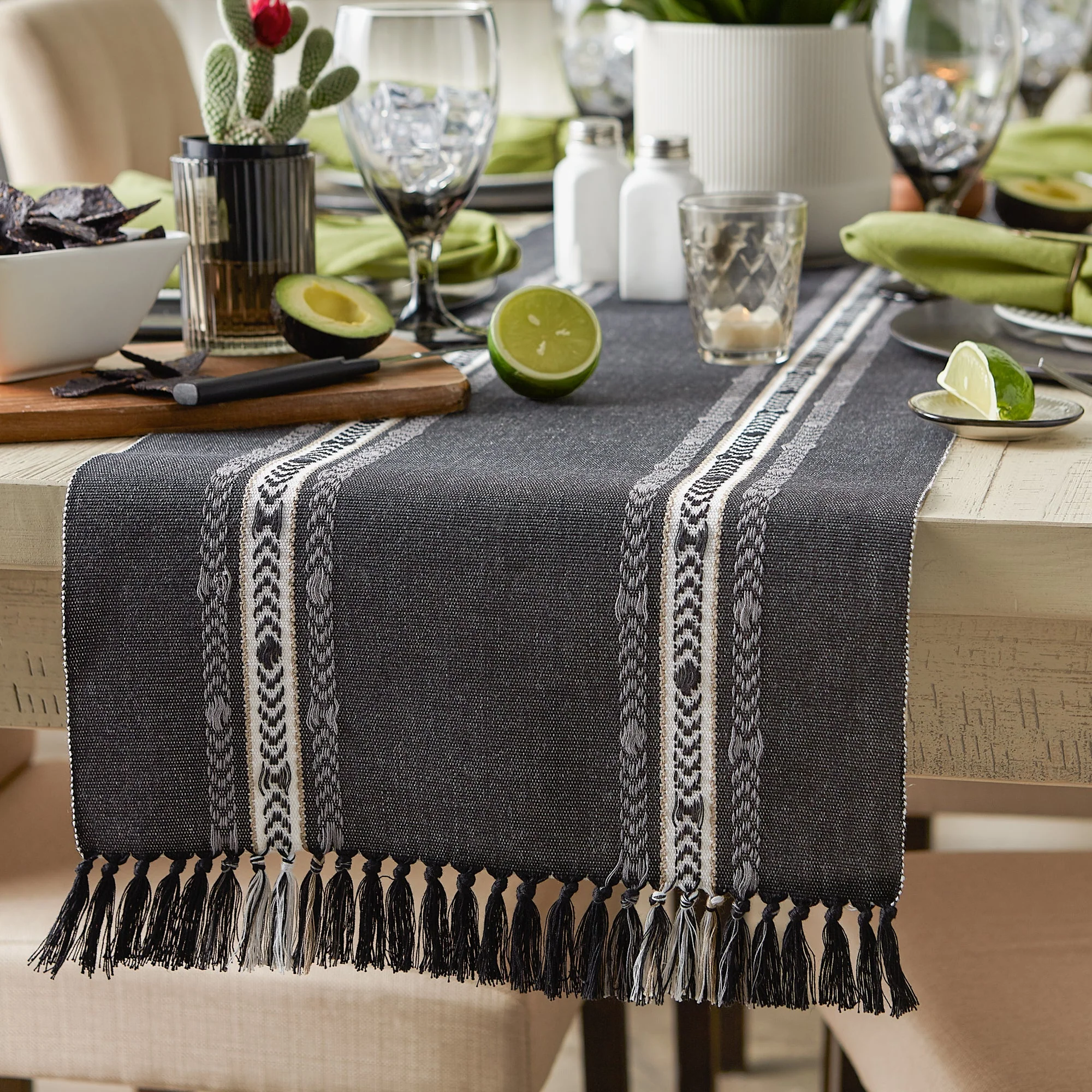 Black Dobby Striped Fringe Ribbed Table Runner