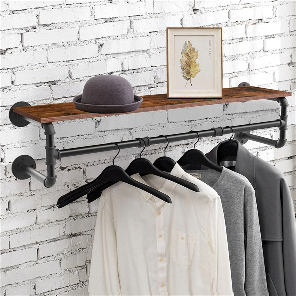 Industrial Pipe Garment Rack with Wood Shelf Wall Mounted Clothing Rack