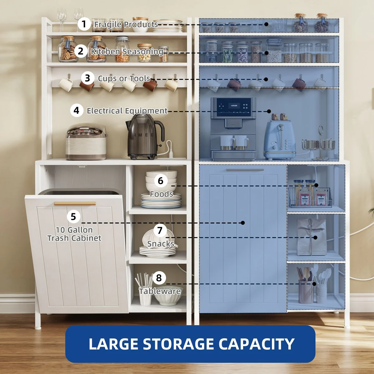 Moasis 6 Tier Kitchen Bakers Rack with Storage Shelves, Kitchen Organizer with Trash Can Bin Cabinet