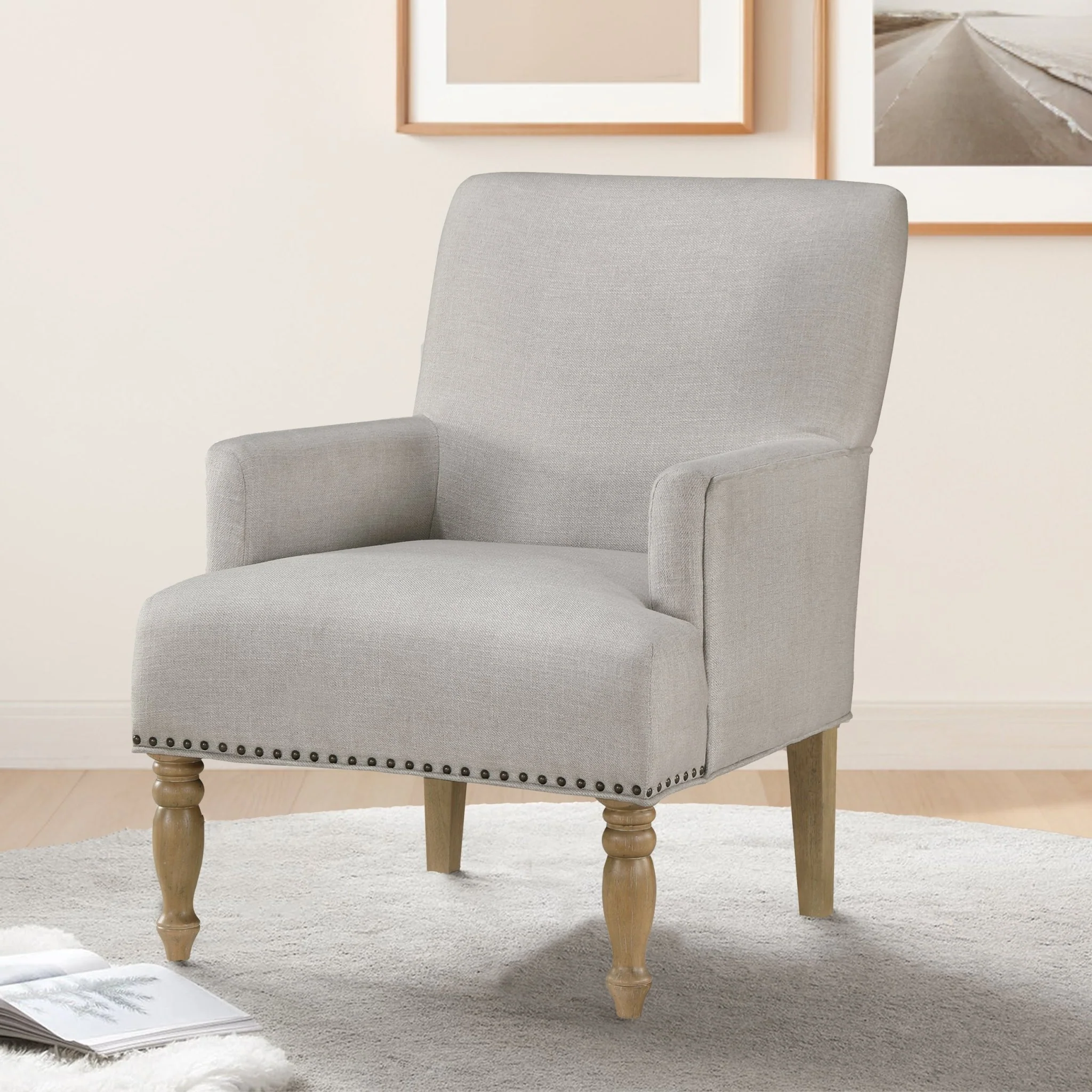 Upholstered Accent Chair with Recessed Arms, Nailhead Trim and Turned Legs