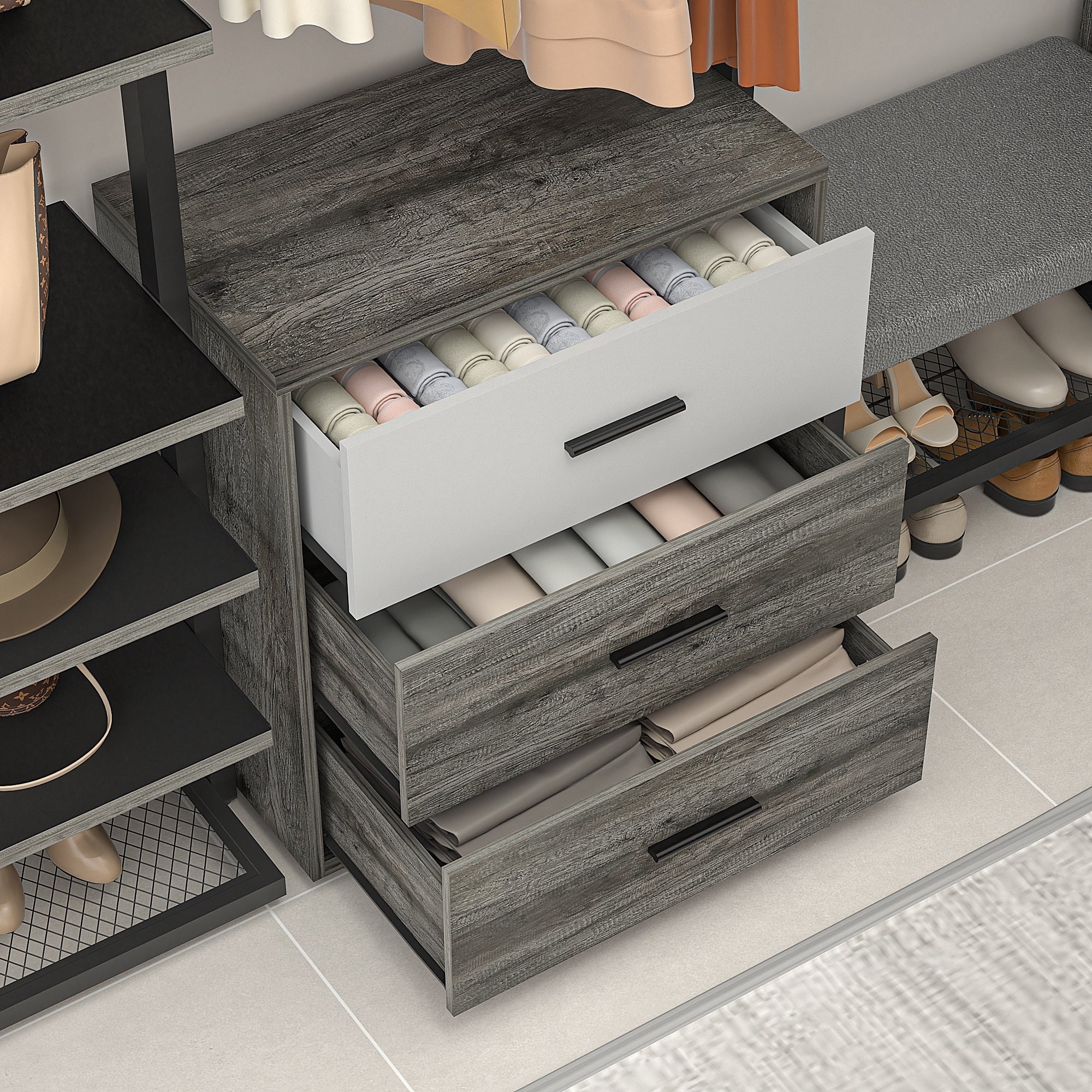 Walk in Closet System with 6 Closet Drawers, 96'' Multifunctional Clothes Rack Closet Organizer