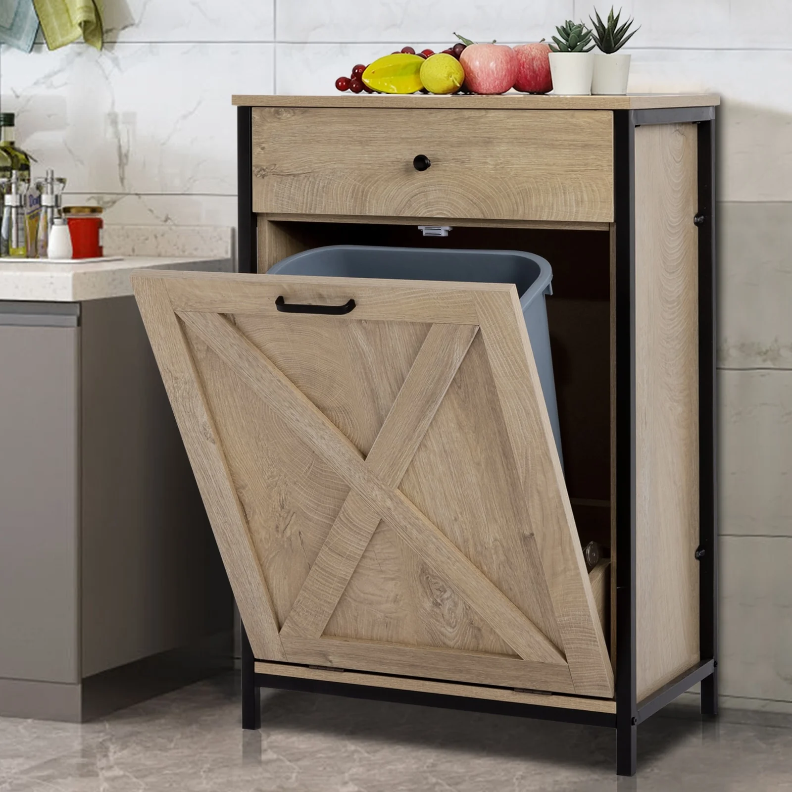 10 Gallon Tilt Out Kitchen Trash Cabinet Trash Can Wooden Tilts Out Hands Laundry Recycling Holder Brown