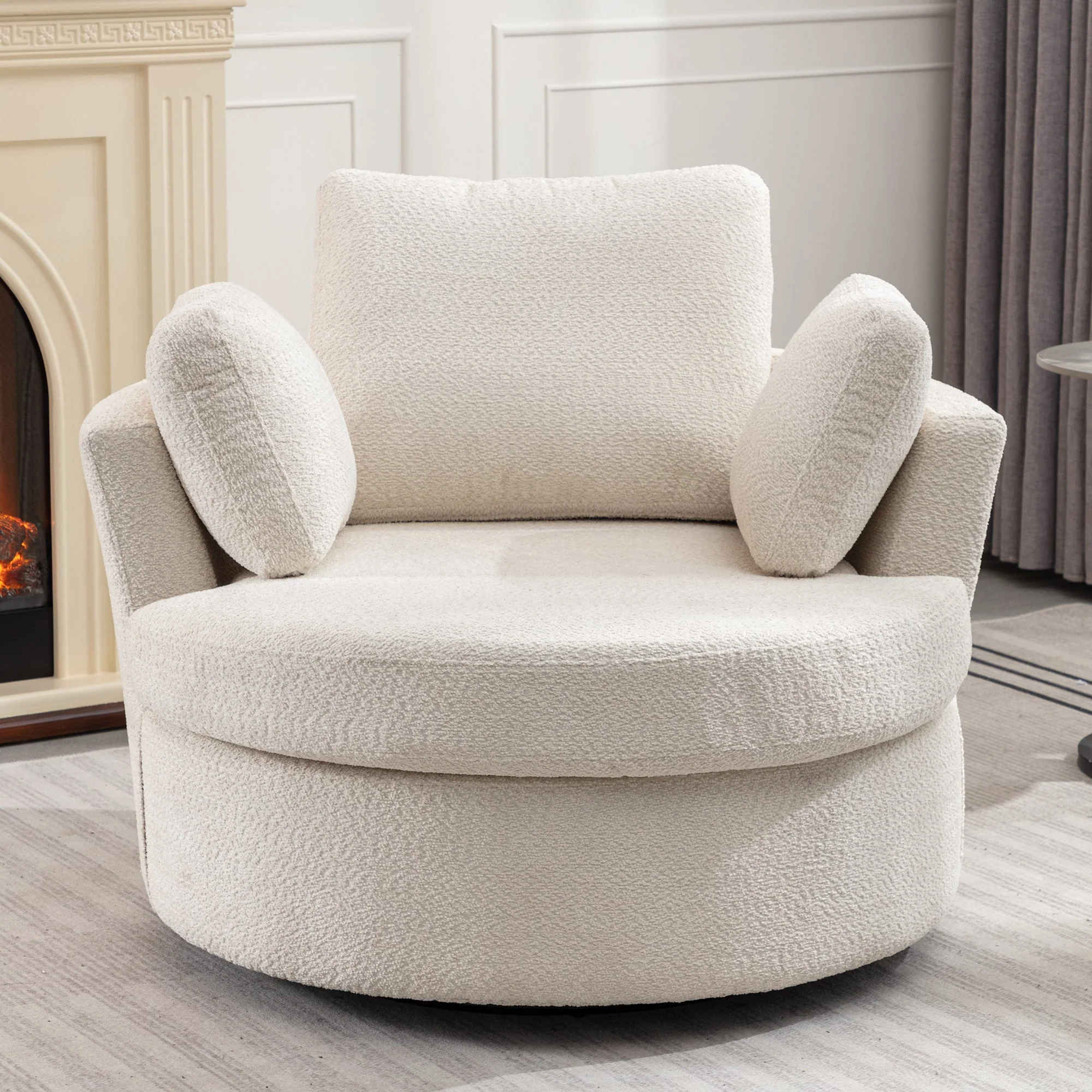 Upholstered Swivel Barrel Chair with 3 Pillows and Curved Backrest