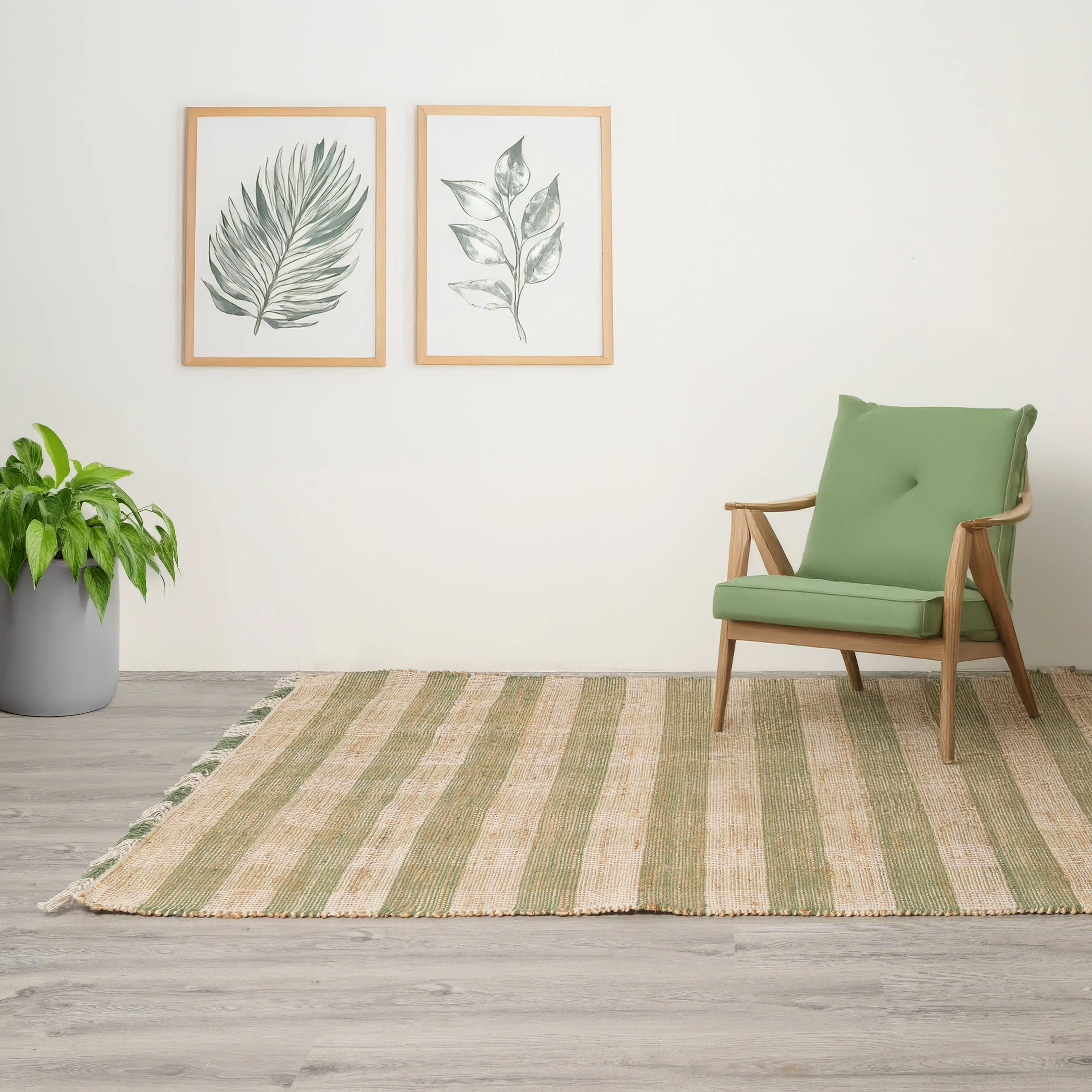 Green Artisan Hand Woven Jute & Cotton Plaid Rug