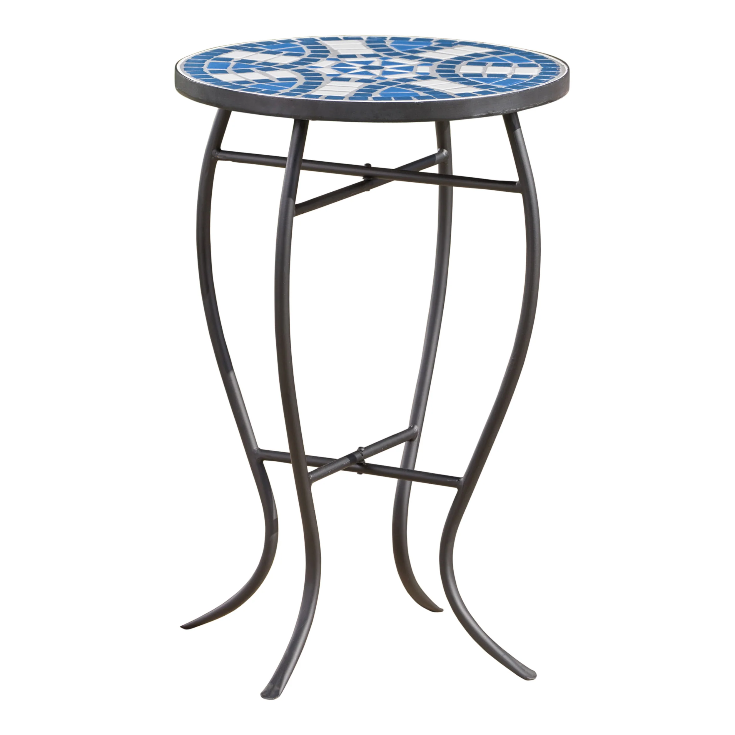 Outdoor Round End Table with Mosaic-Style Top and Curved Iron Legs