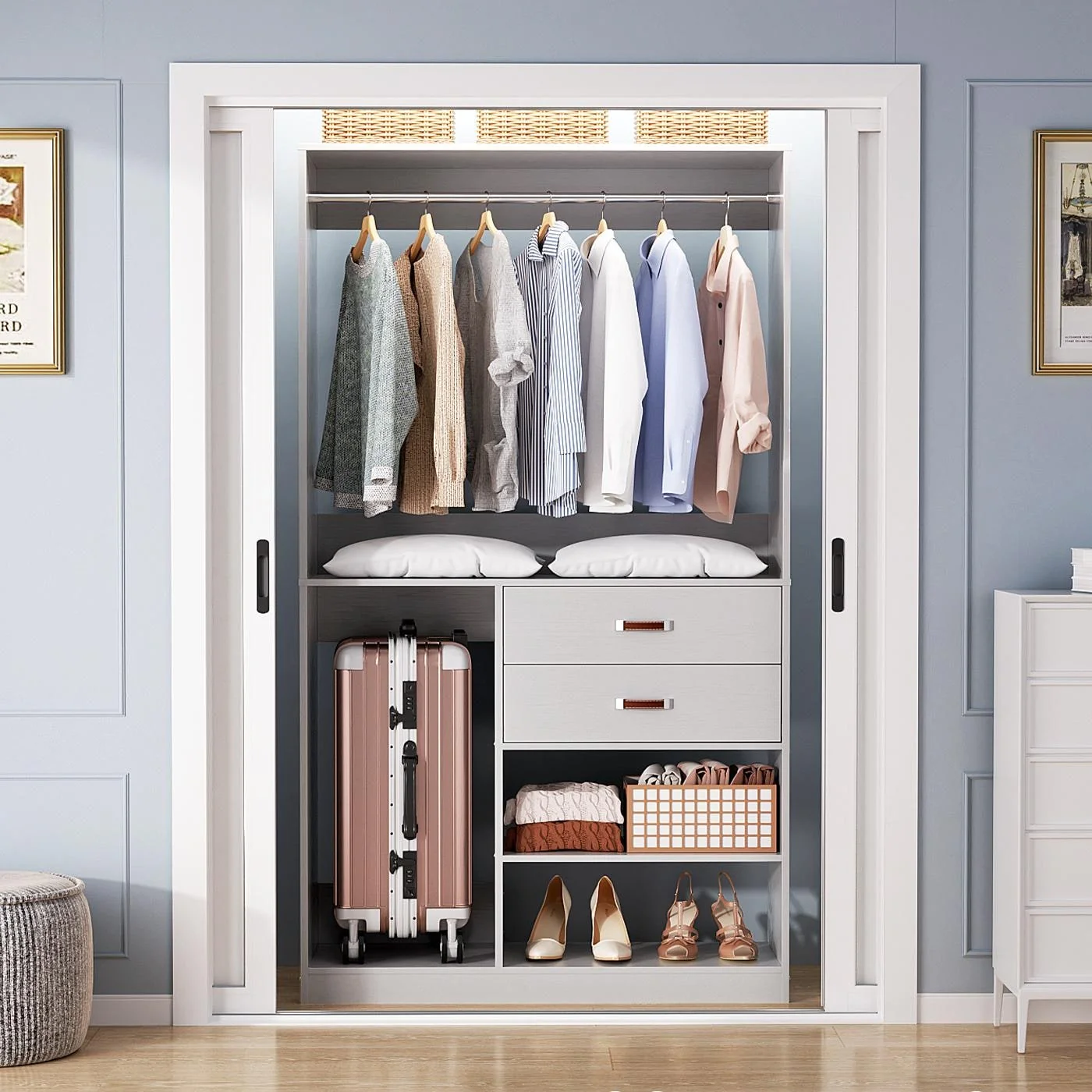 Vryon 40''W Freestanding Closet Organizer with Hanging Rod, Closet System Wardrobe with Wood Drawers