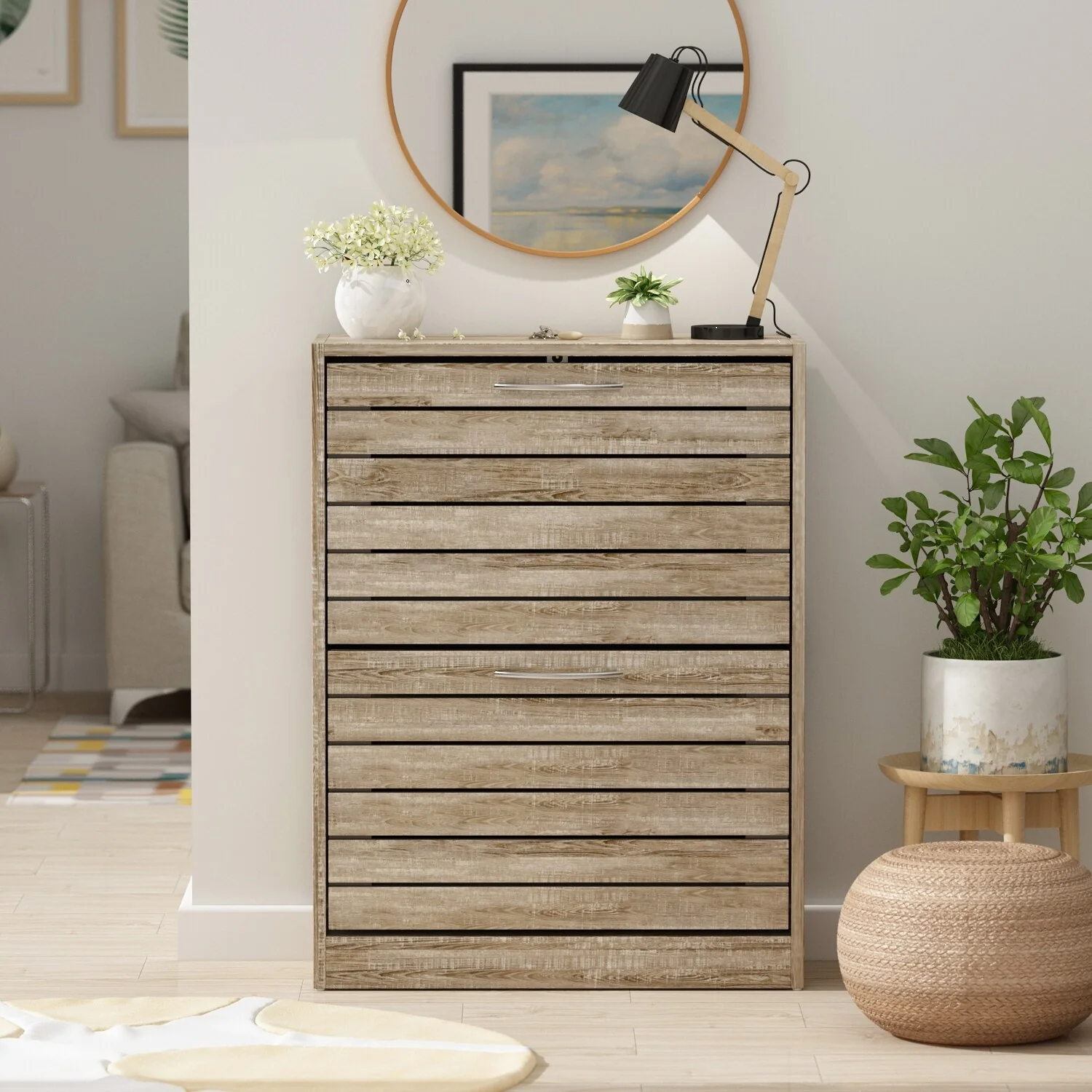 Shoe Storage Cabinet Two Drawer Space Saving Grey/Oak/White Dresser