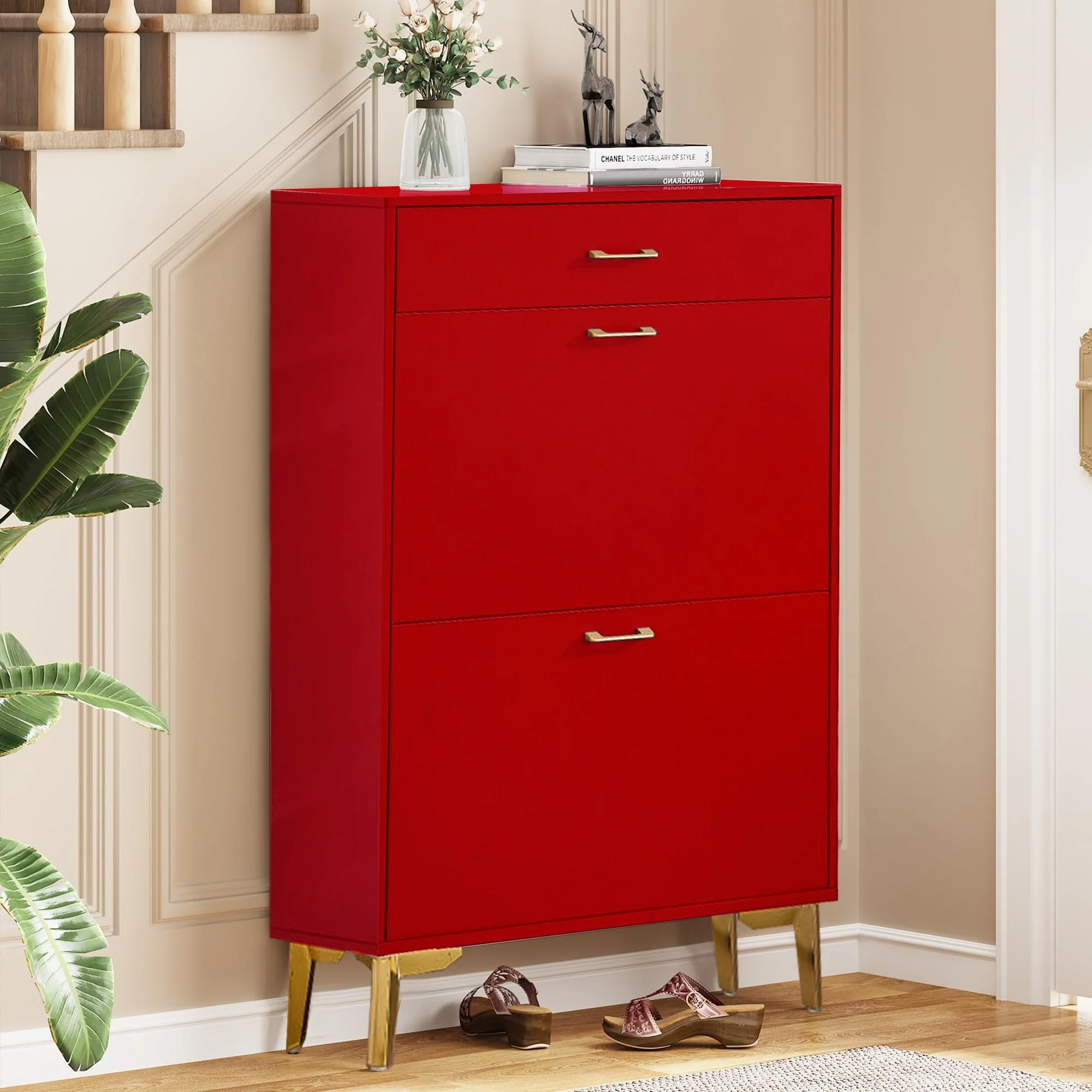 Freestanding Shoe Cabinet for Entryway, with 2 Flip Doors and Drawer - 32'W x 10''D x 43''H