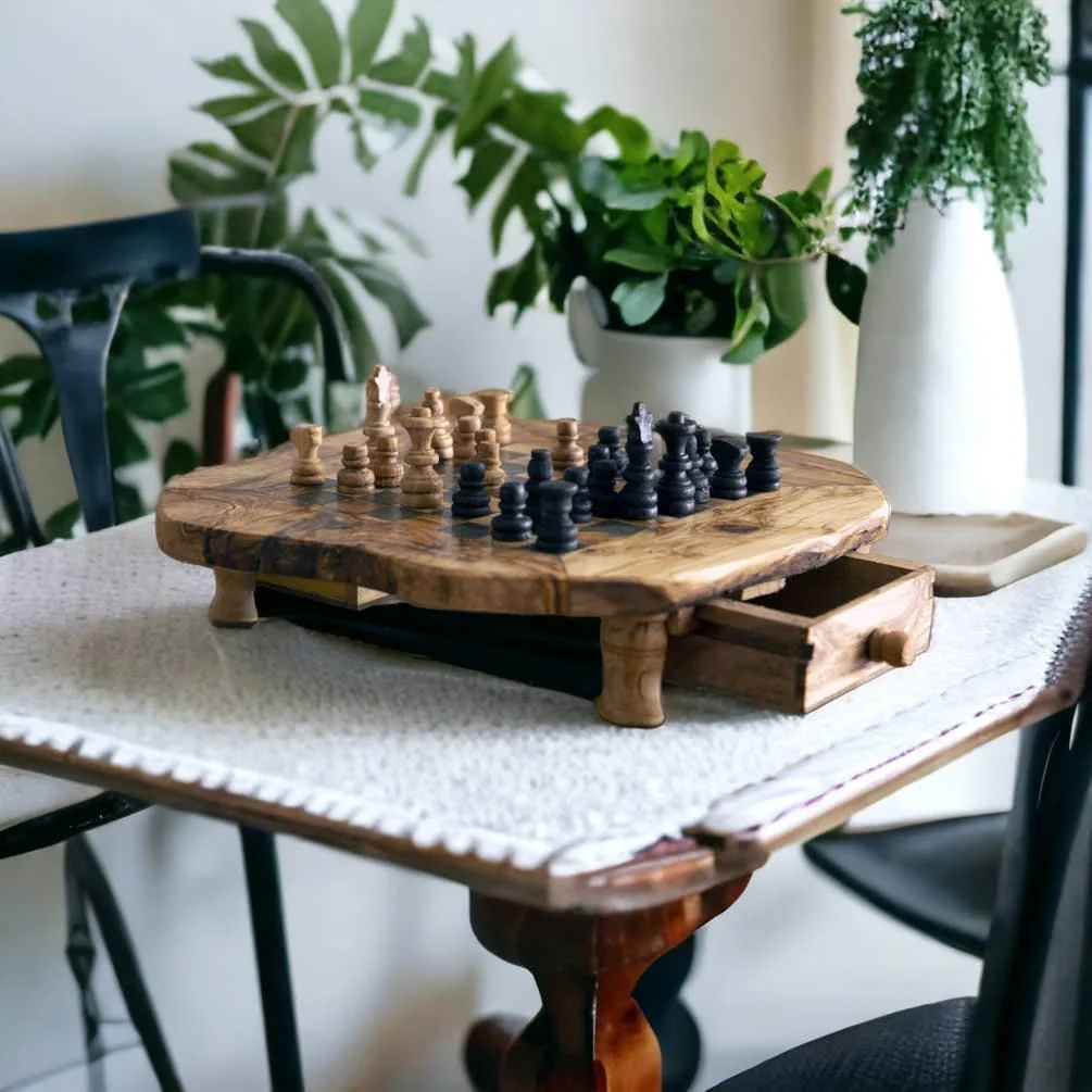 Large Olive Wood Chess Board with Storage Drawers