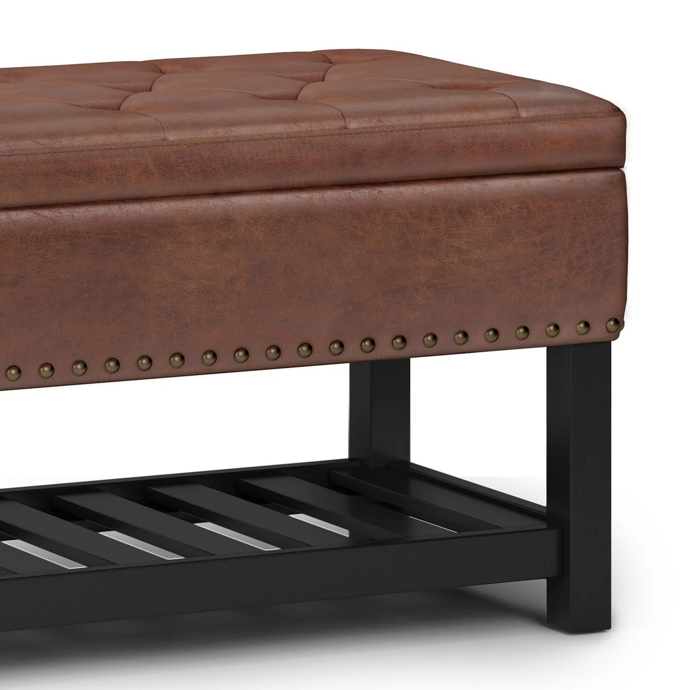 Upholstered Faux Leather Storage Ottoman with Tufted Top, Nailhead Trim and Open Bottom Shelf