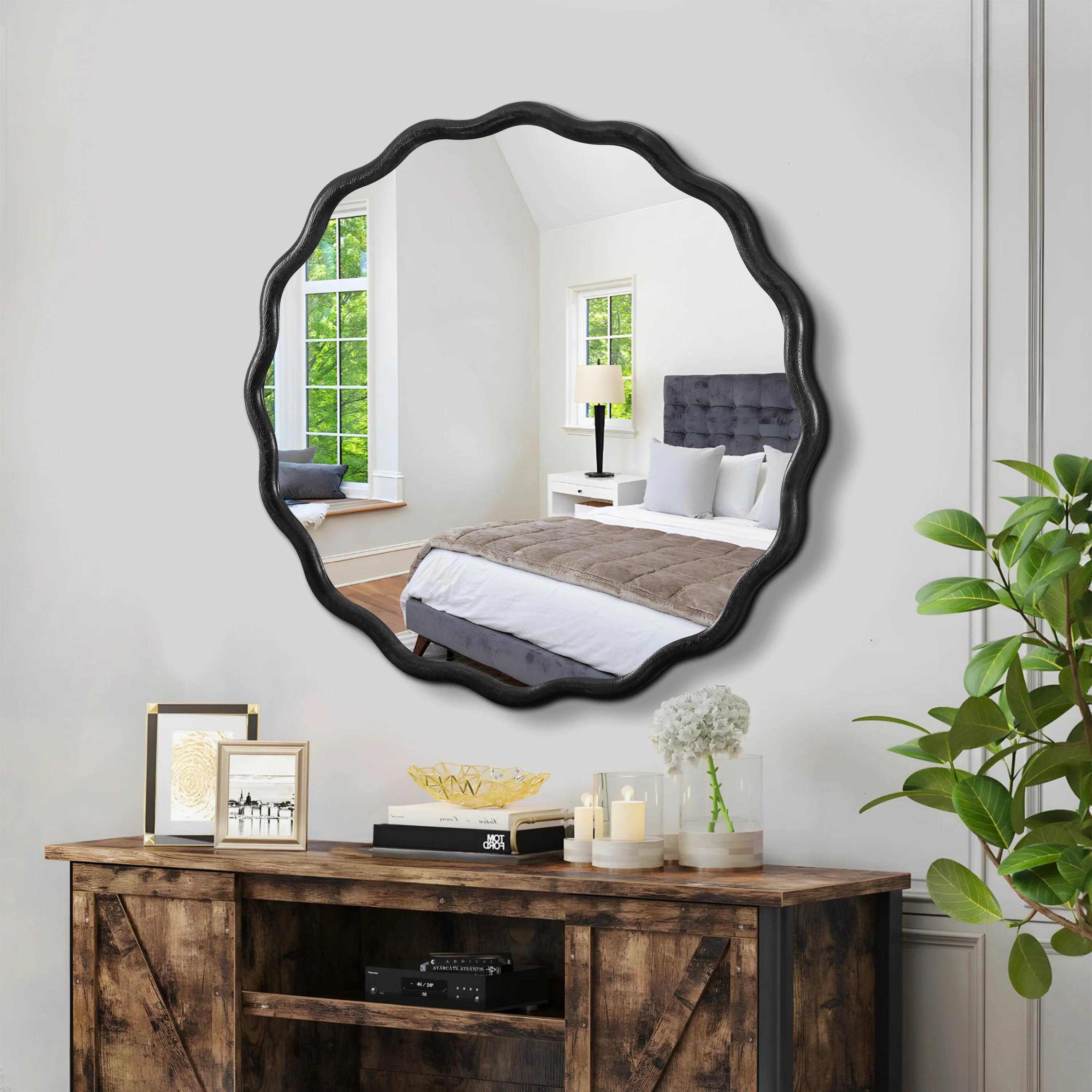 Honoredd 36 x 36 Round Wall Mirror with Exquisite Wave Wood Frame