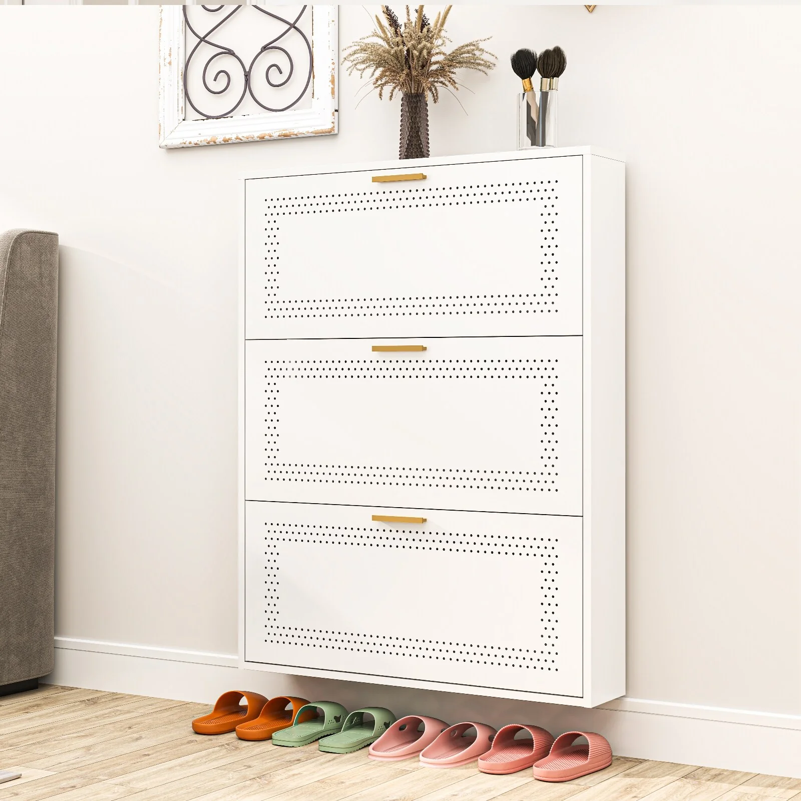 Metal Shoe Storage Cabinet with 3/4 Flip Drawers, Breathable & Space Saving