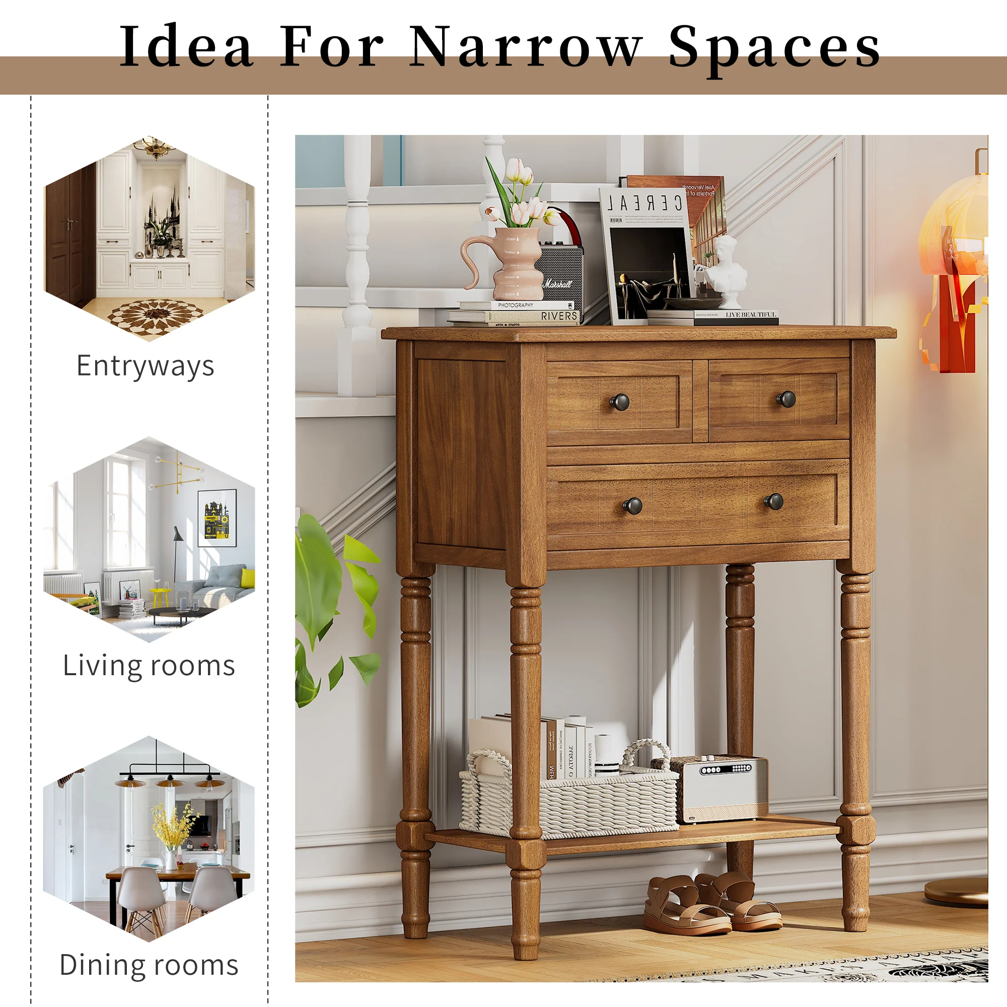 Conquest Narrow Console Table with 3 Drawers and Bottom Shelf