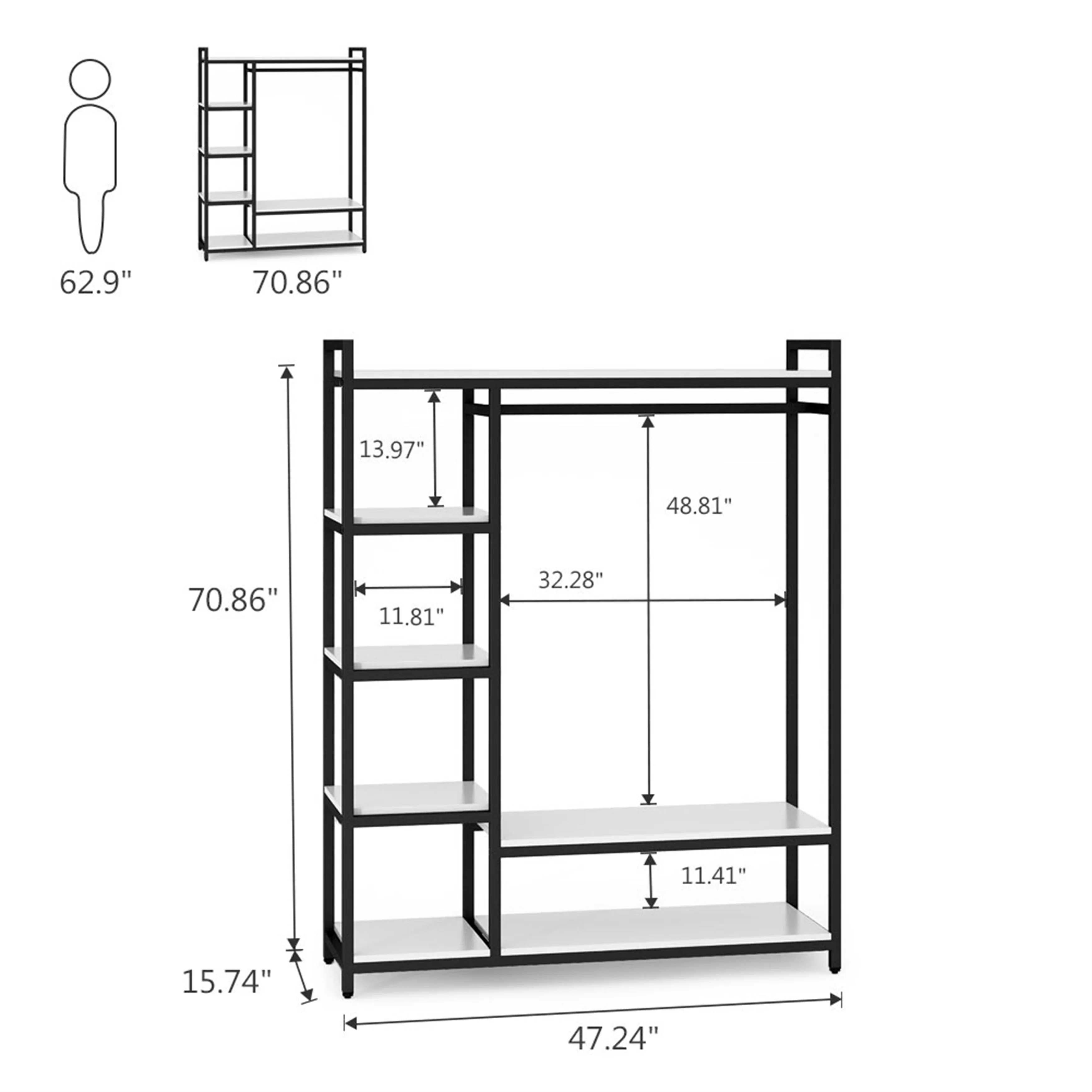 Black/ White Modern Clothes Garment Rack,Metal and Wood Closet Rack Closet Organizer System with Hanging Rod and Shelf