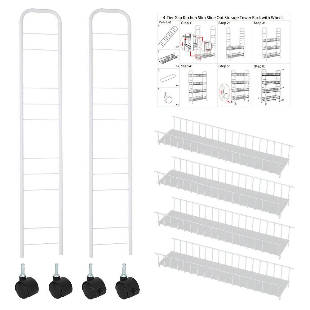 4 Tier Slim Slide Out Storage Rack with Wheels Storage Basket, White