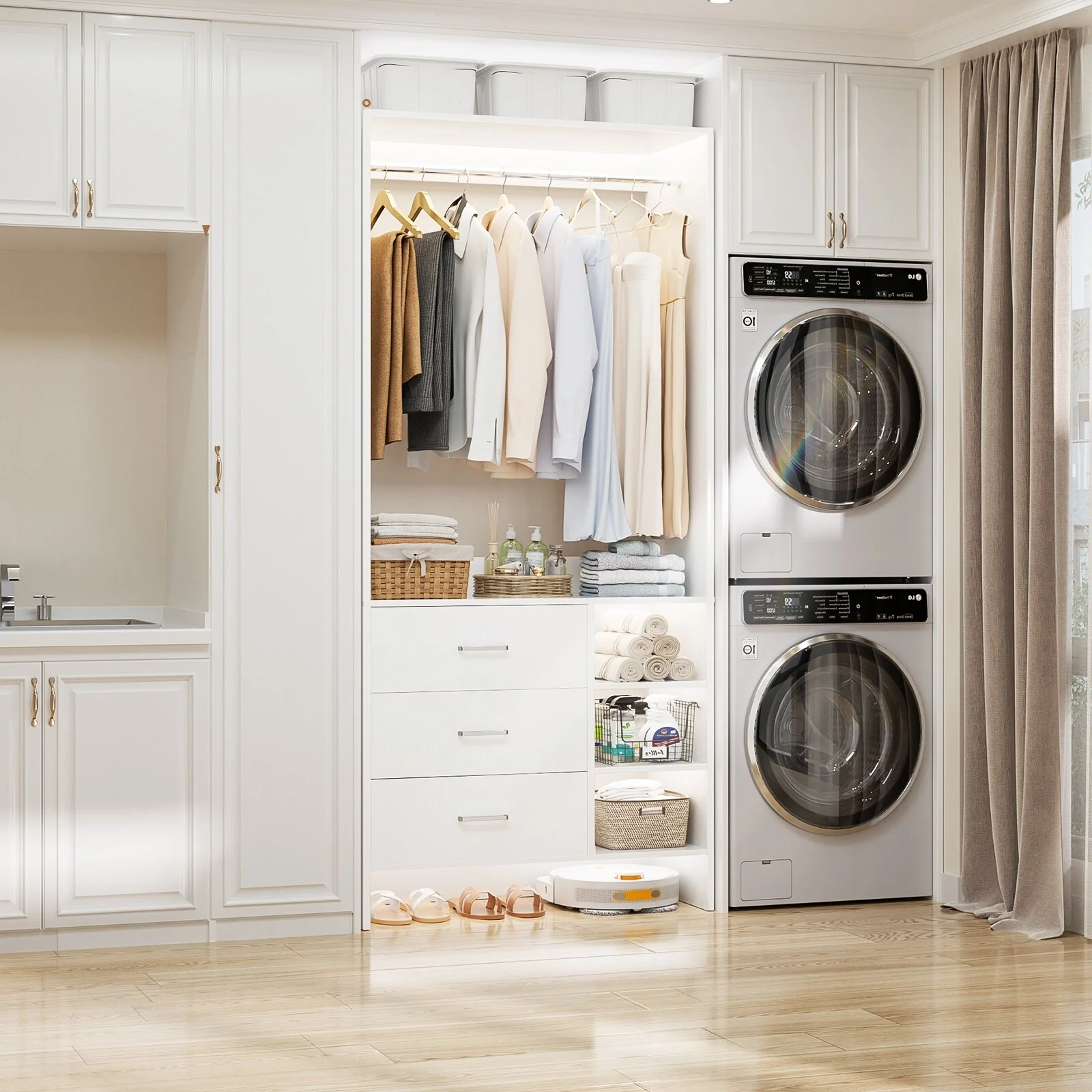 Cimly 30'' W Freestanding Closet Sytem with Hanging Rod, Closet Organizer with Drawers and Shelves