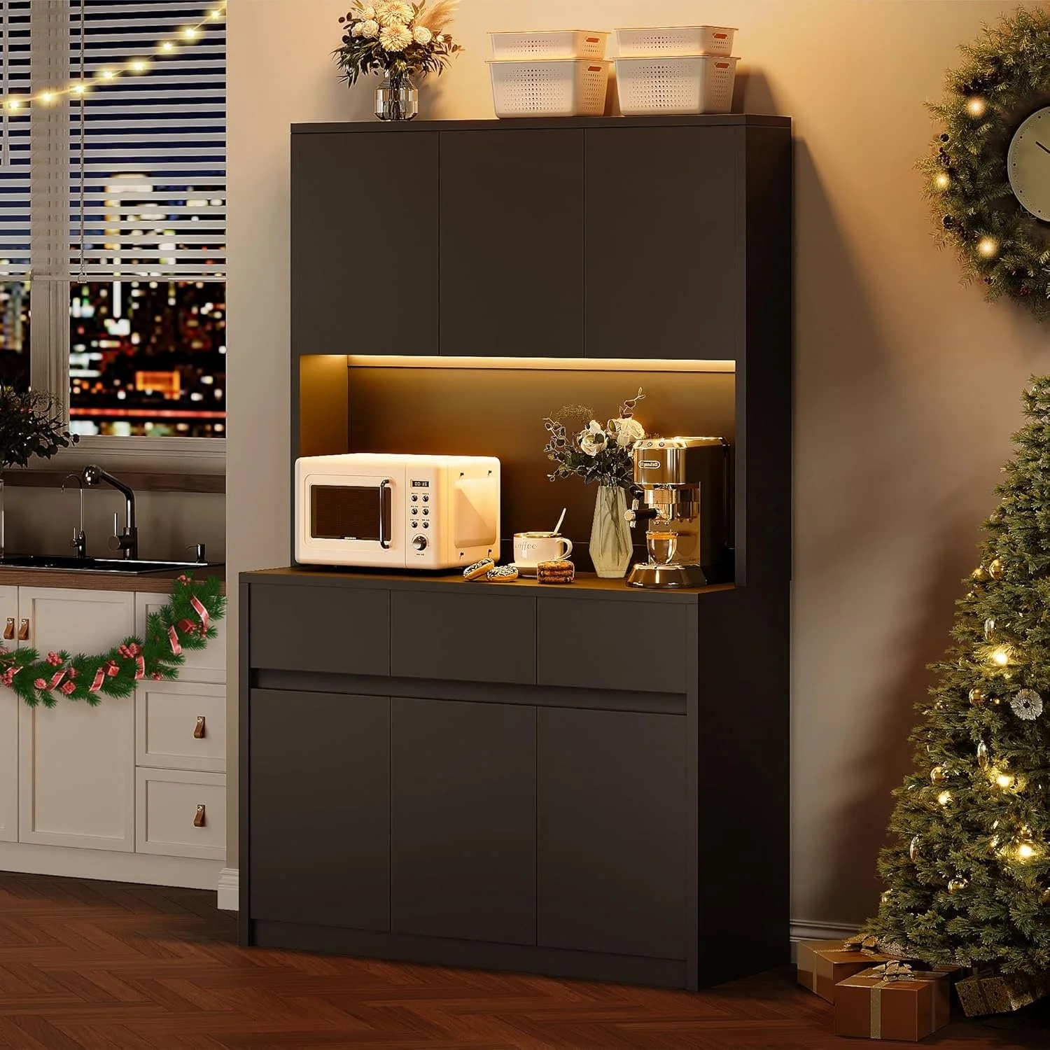 Large Kitchen Pantry with Microwave Countertop and LED Lights